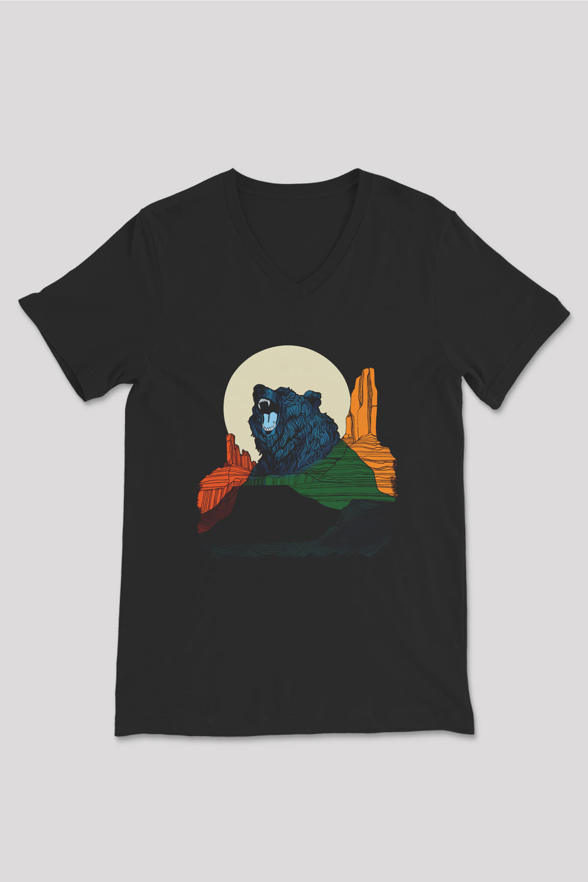 Ayı Siyah Unisex V Yaka Tişört T-Shirt
