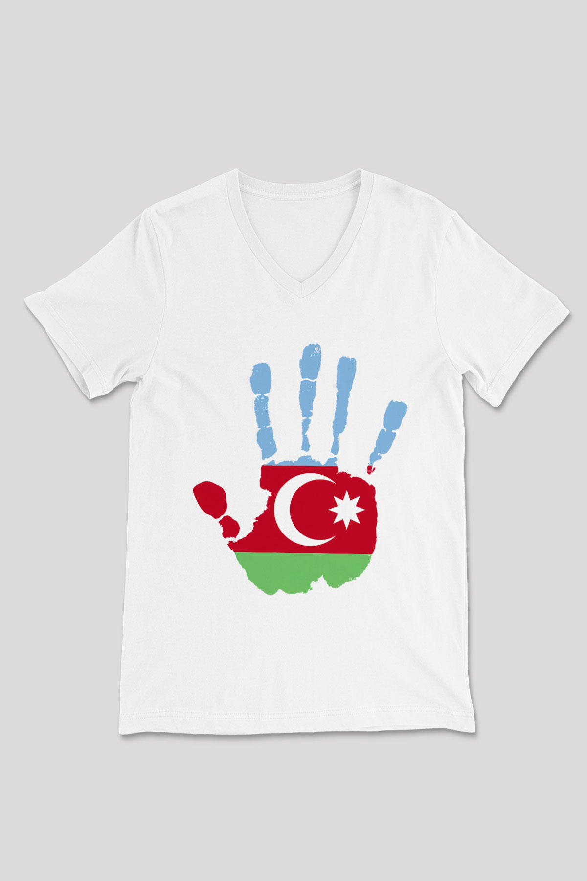 Azerbaycan Beyaz Unisex V Yaka Tişört T-Shirt