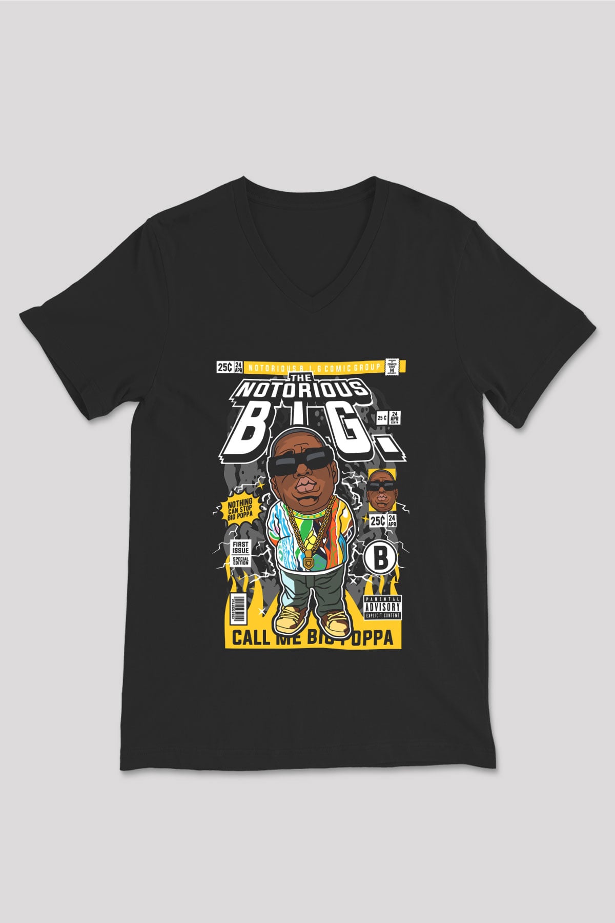 B.I.G Baskılı Unisex Siyah V Yaka Tişört