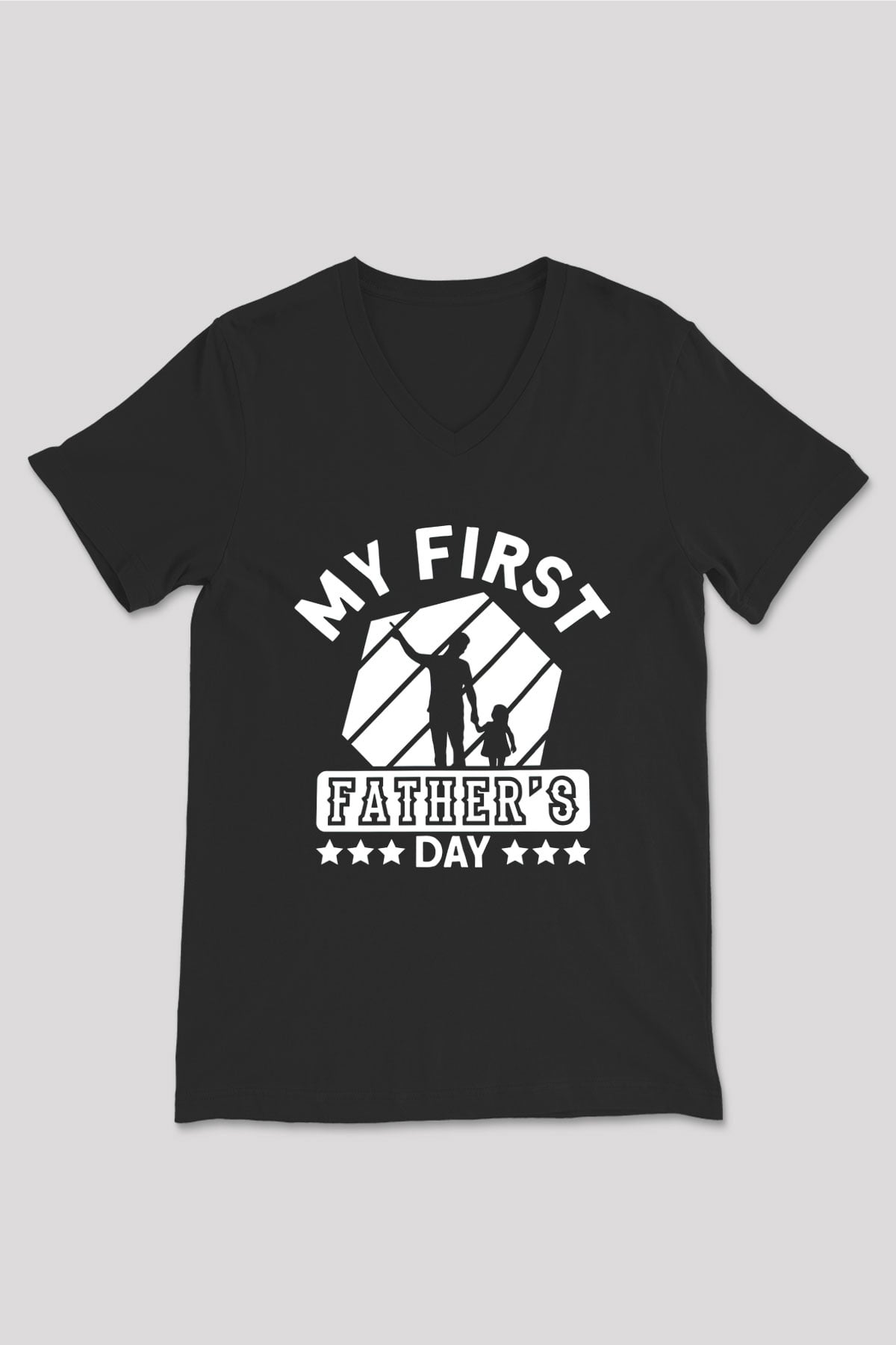 Babalar Günü Baskılı Unisex Siyah V Yaka Tişört - Tshirt