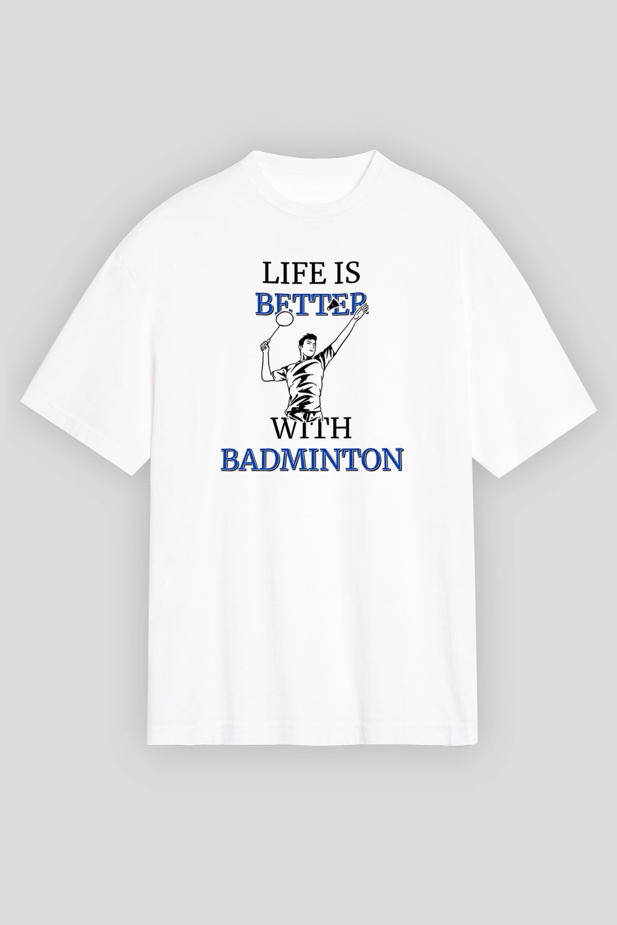 Badminton Baskılı Unisex Beyaz Oversize Tişört - Tshirt