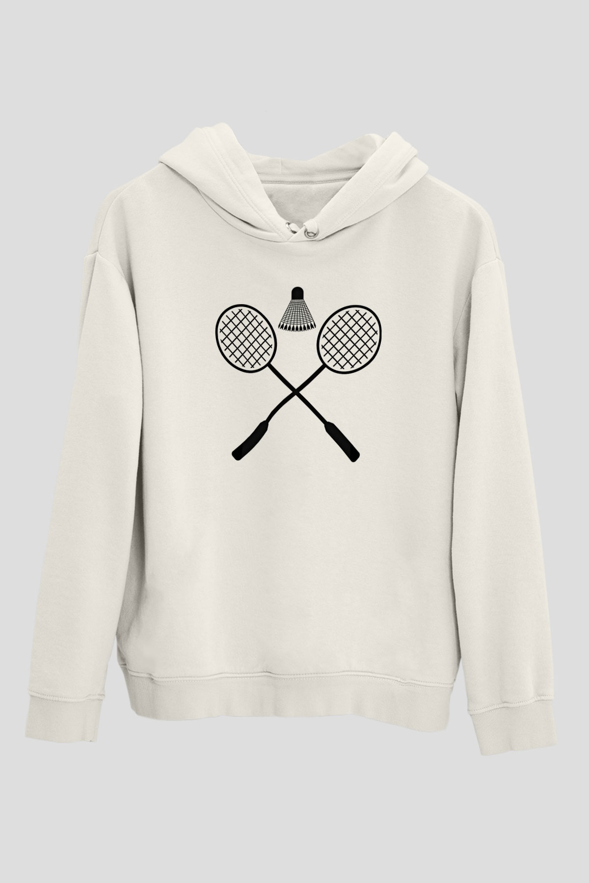 Badminton Baskılı Unisex Ekru Hoodie