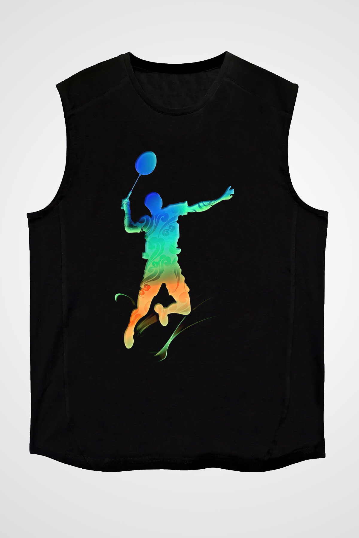 Badminton Baskılı Unisex Siyah Kolsuz Tişört