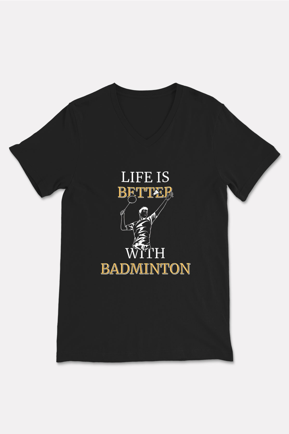 Badminton Baskılı Unisex Siyah V Yaka Tişört