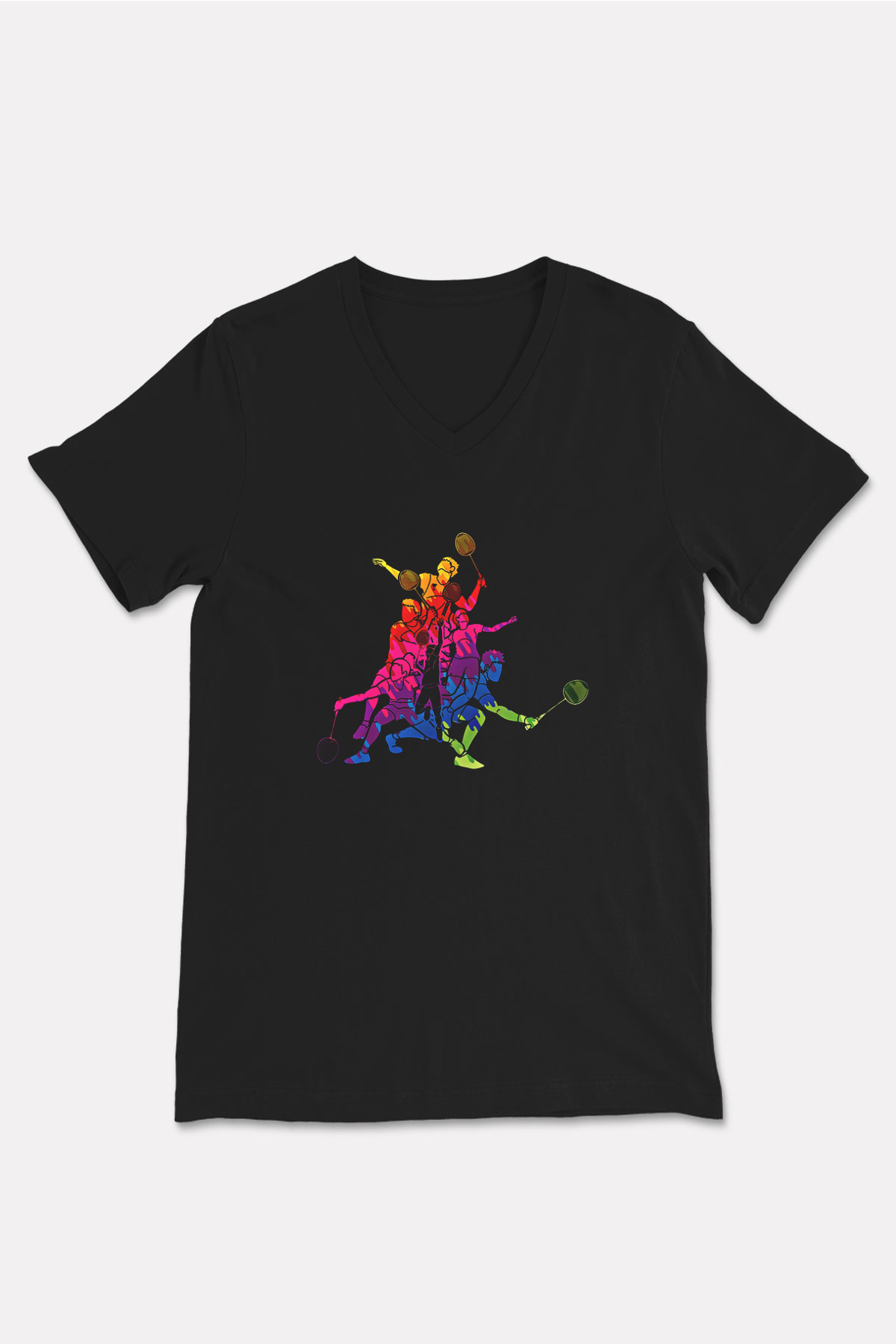 Badminton Baskılı Unisex Siyah V Yaka Tişört
