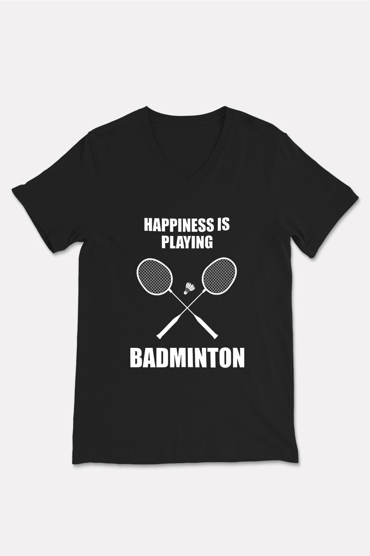 Badminton Baskılı Unisex Siyah V Yaka Tişört