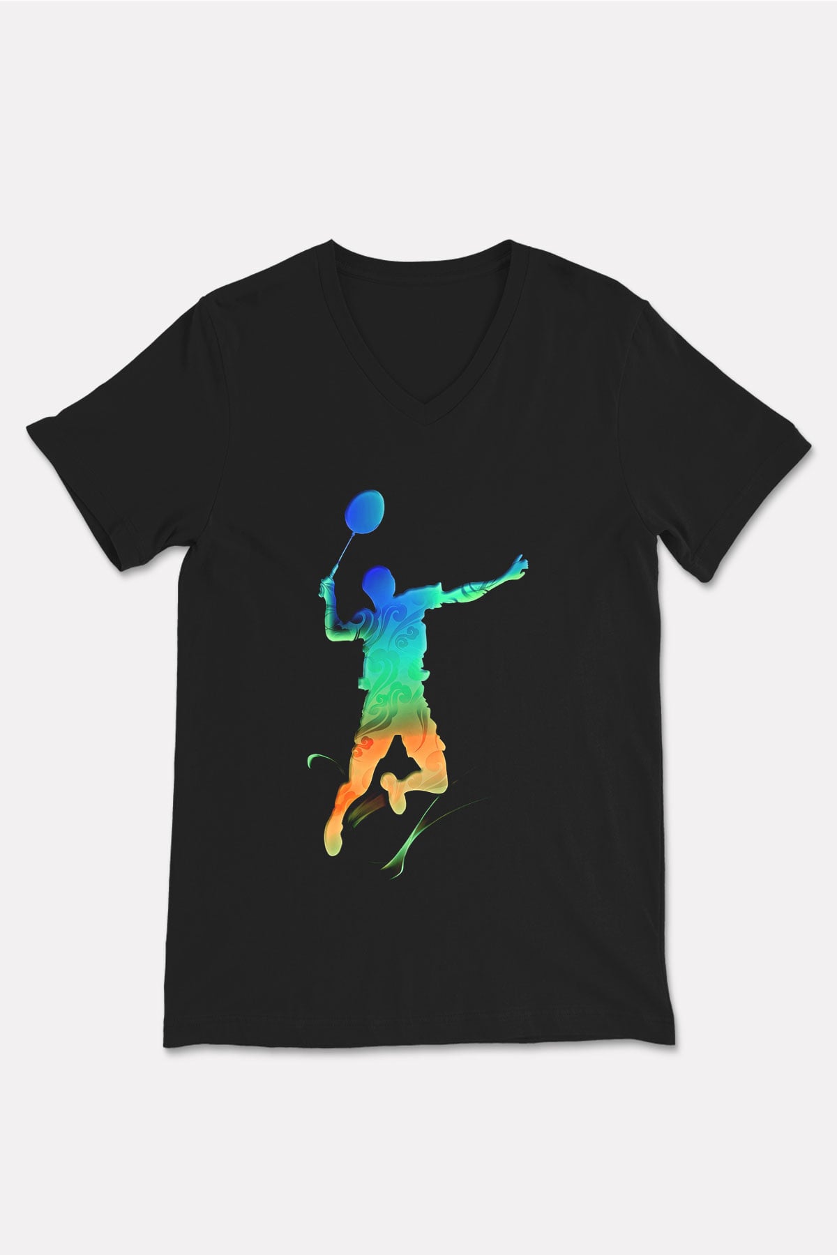 Badminton Baskılı Unisex Siyah V Yaka Tişört