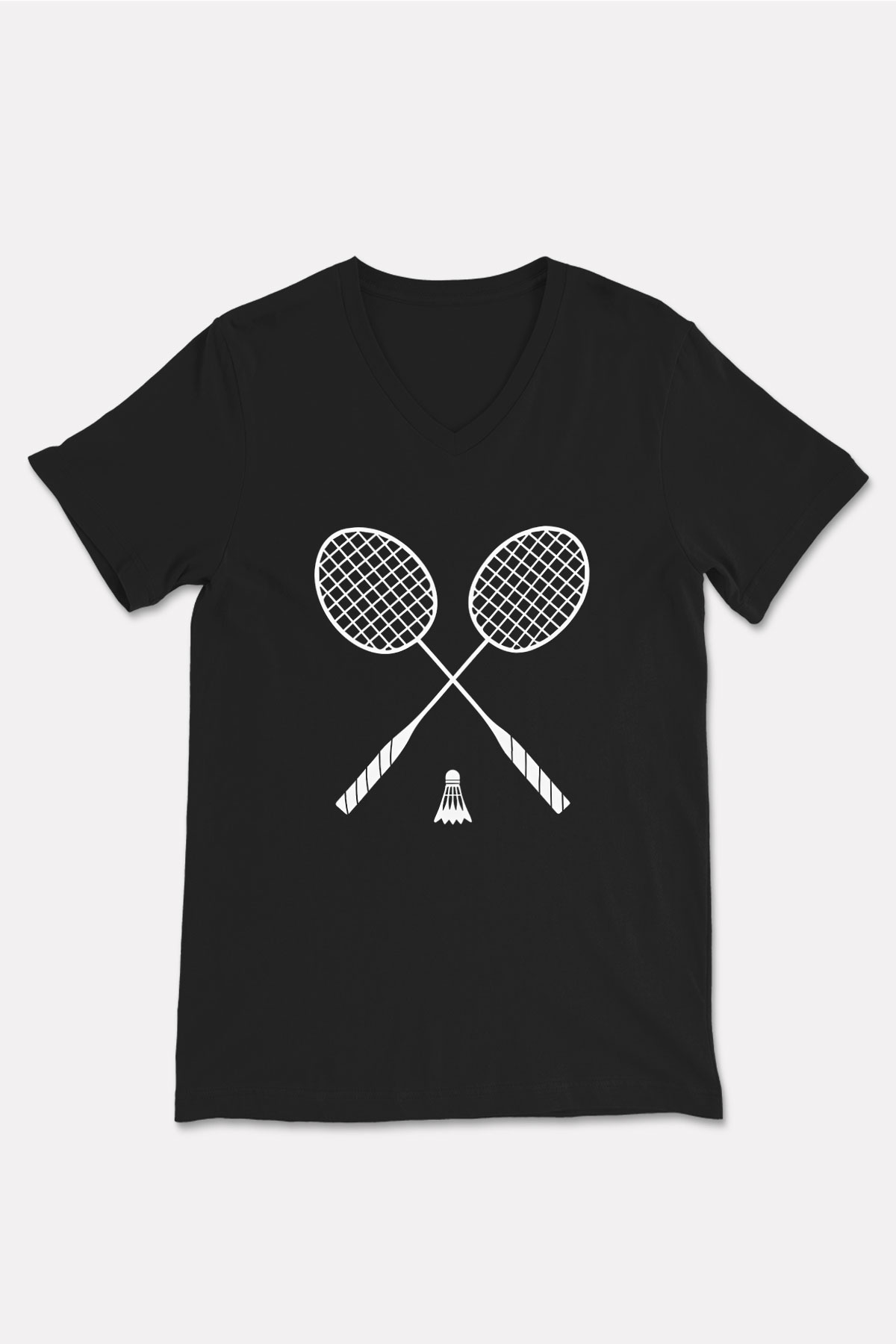 Badminton Baskılı Unisex Siyah V Yaka Tişört