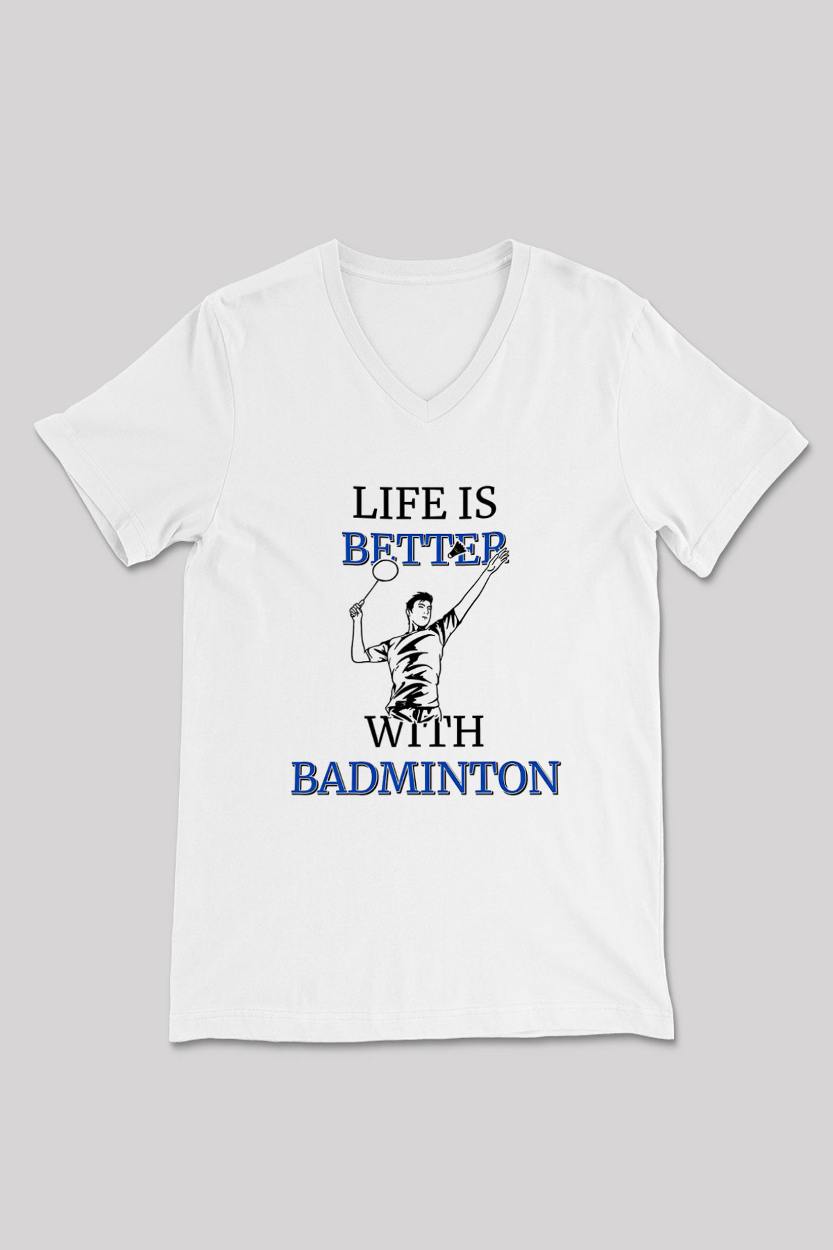 Badminton Baskılı Unisex V Yaka Tişört - Tshirt