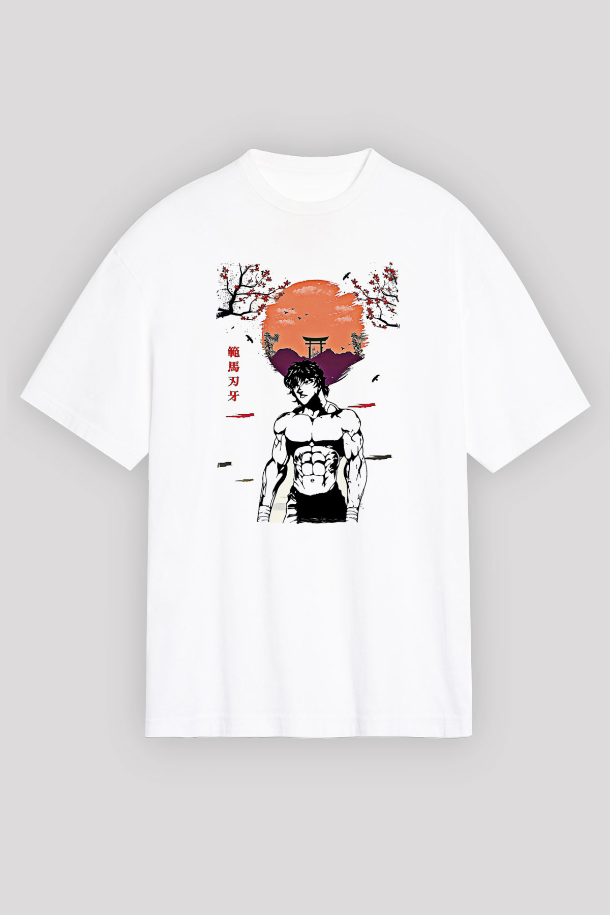 Baki The Grappler Baskılı Beyaz Unisex Oversize Tişört - Tshirt
