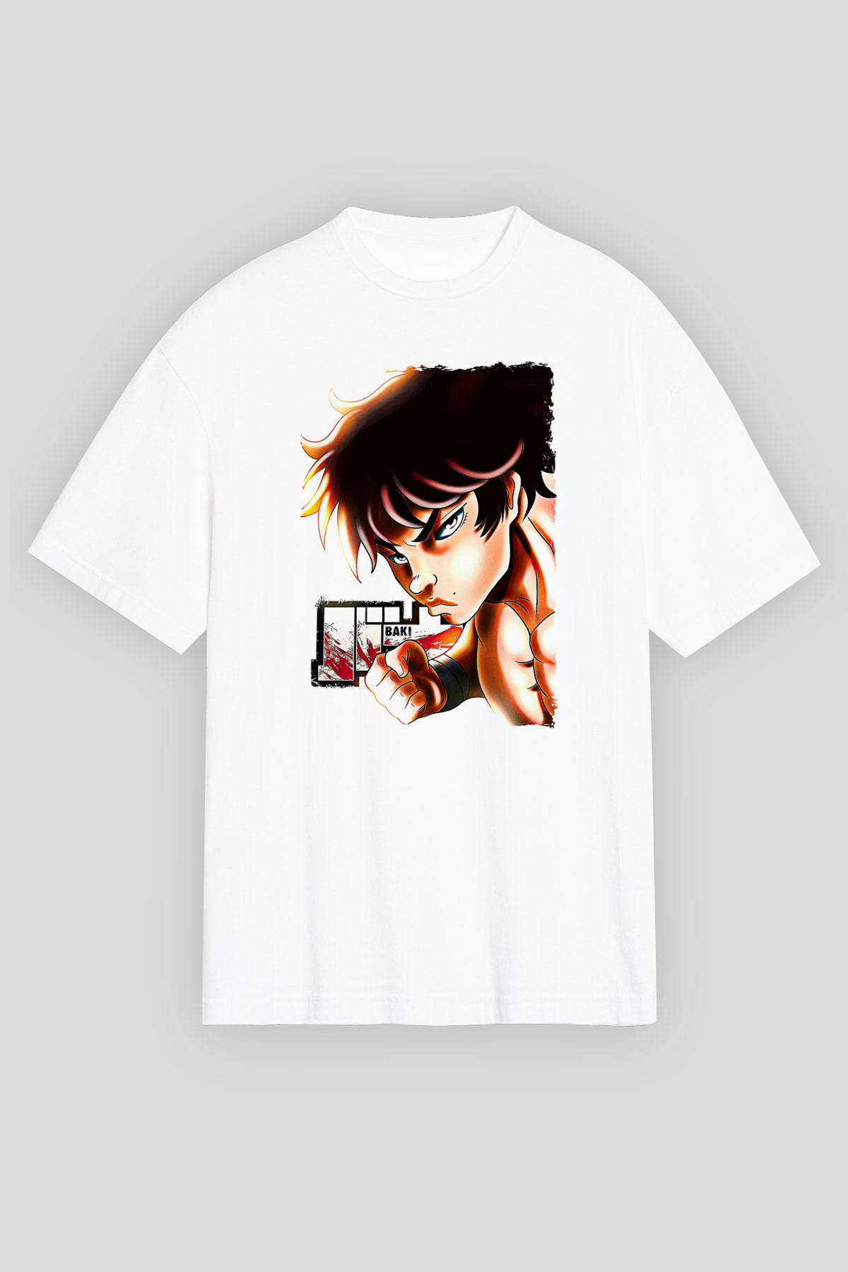 Baki The Grappler Baskılı Beyaz Unisex Oversize Tişört - Tshirt