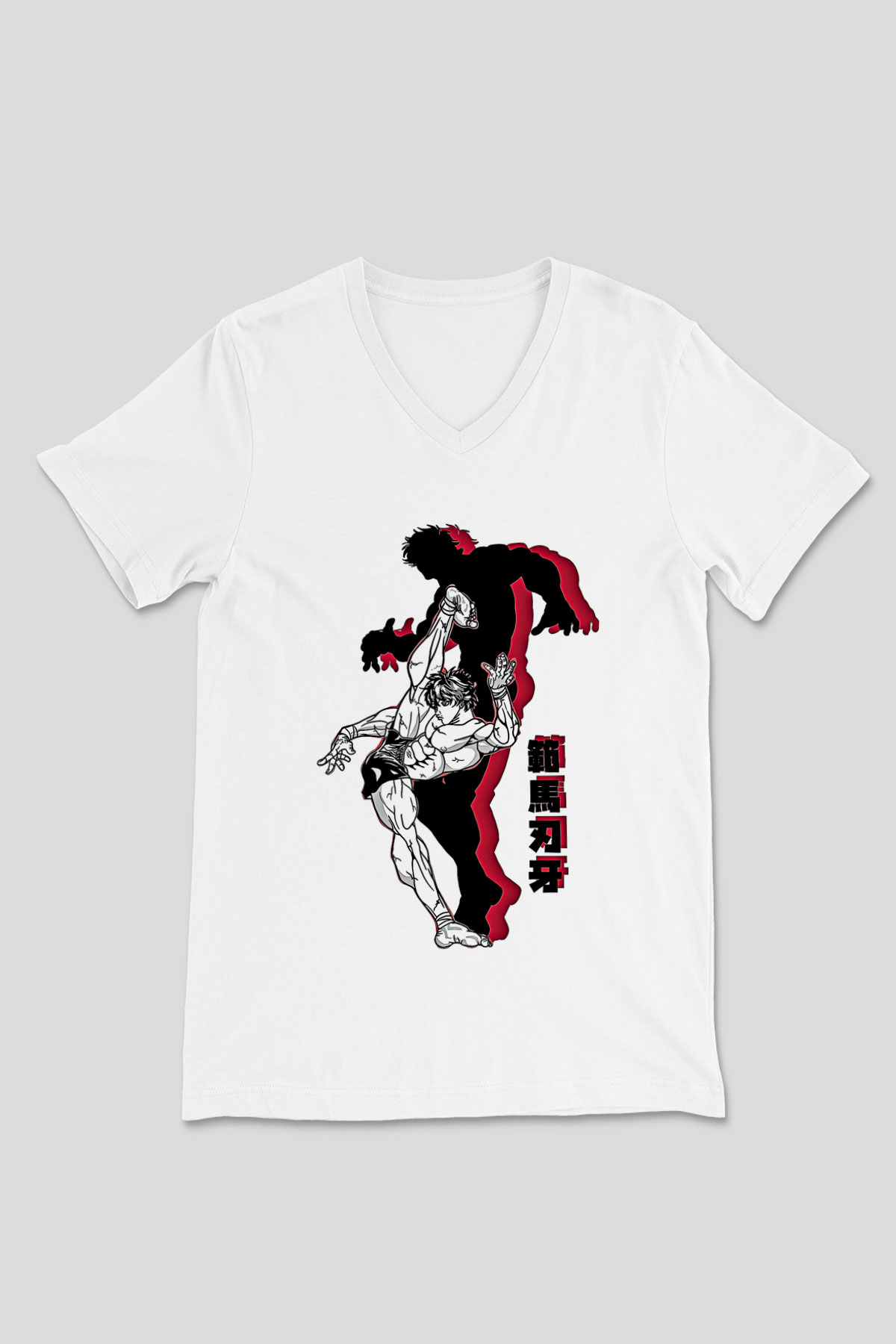 Baki The Grappler Baskılı Beyaz Unisex V Yaka Tişört - Tshirt
