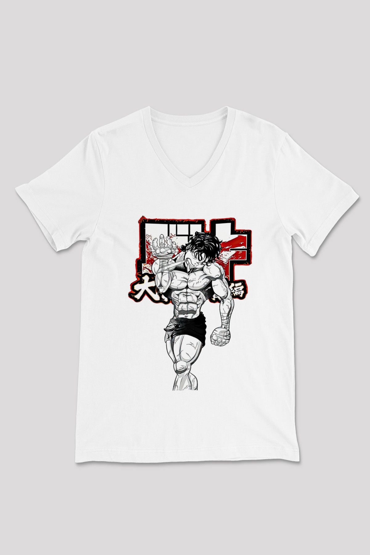Baki The Grappler Baskılı Beyaz Unisex V Yaka Tişört - Tshirt