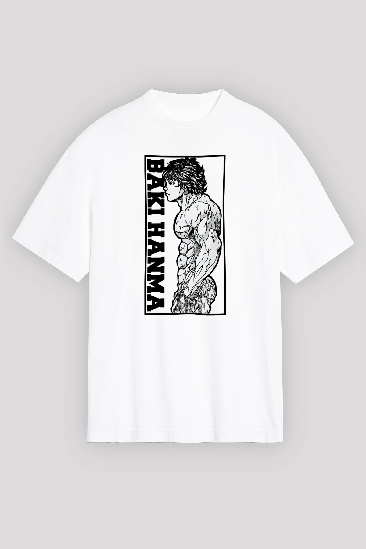 Baki The Grappler Baskılı Beyaz Unisex Oversize Tişört - Tshirt