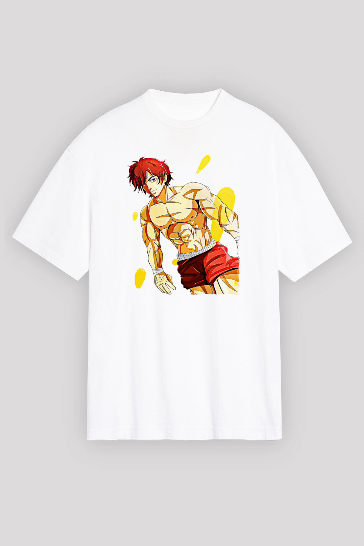 Baki The Grappler Baskılı Beyaz Unisex Oversize Tişört - Tshirt
