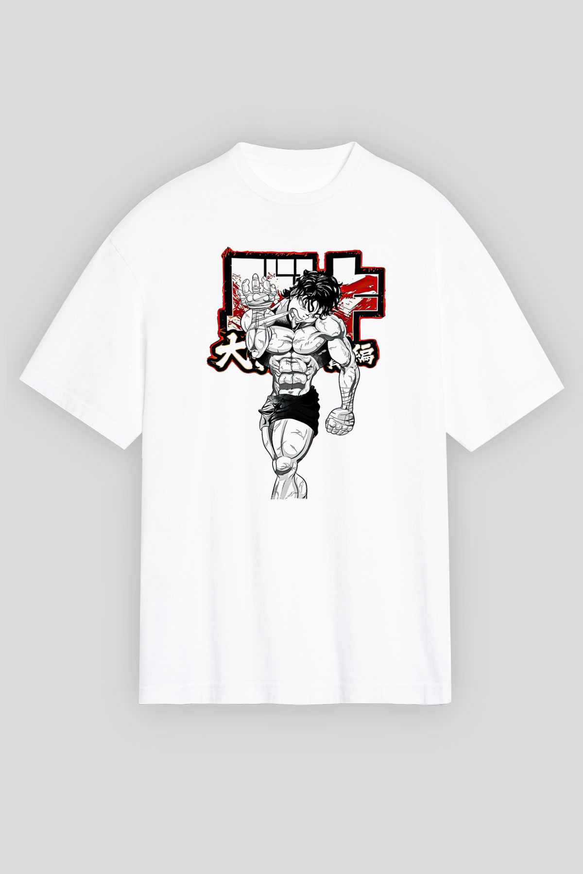 Baki The Grappler Baskılı Beyaz Unisex Oversize Tişört - Tshirt