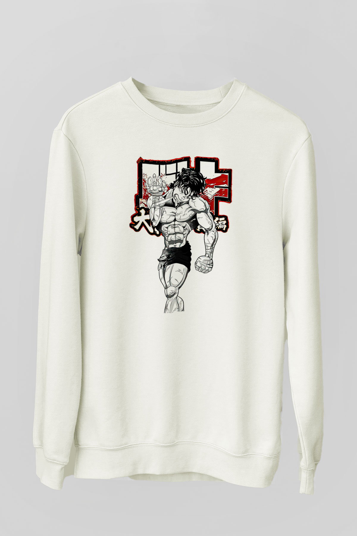 Baki The Grappler Baskılı Beyaz Unisex Sweatshirt