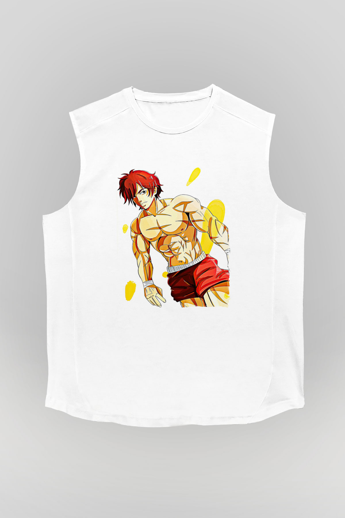 Baki The Grappler Baskılı Beyaz Unisex Kolsuz Tişört - Tshirt