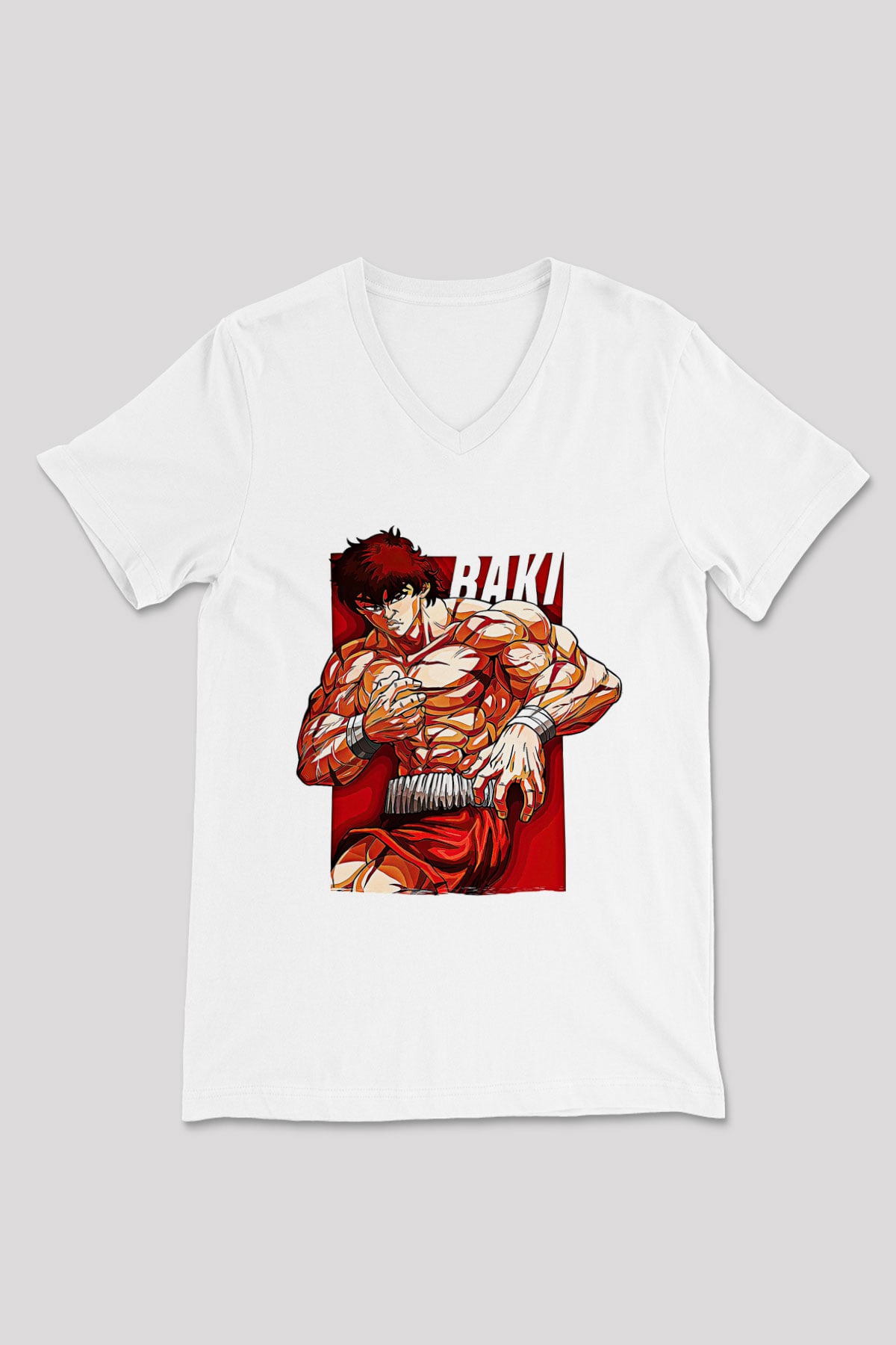 Baki The Grappler Baskılı Beyaz Unisex V Yaka Tişört - Tshirt