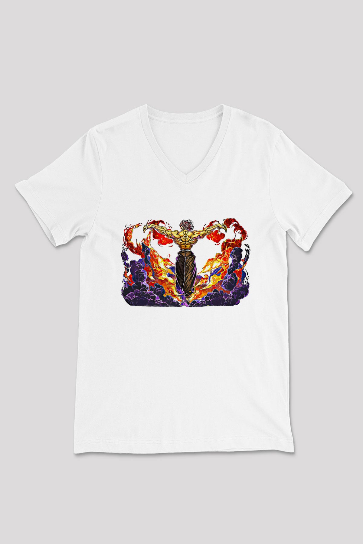 Baki The Grappler Baskılı Beyaz Unisex V Yaka Tişört - Tshirt