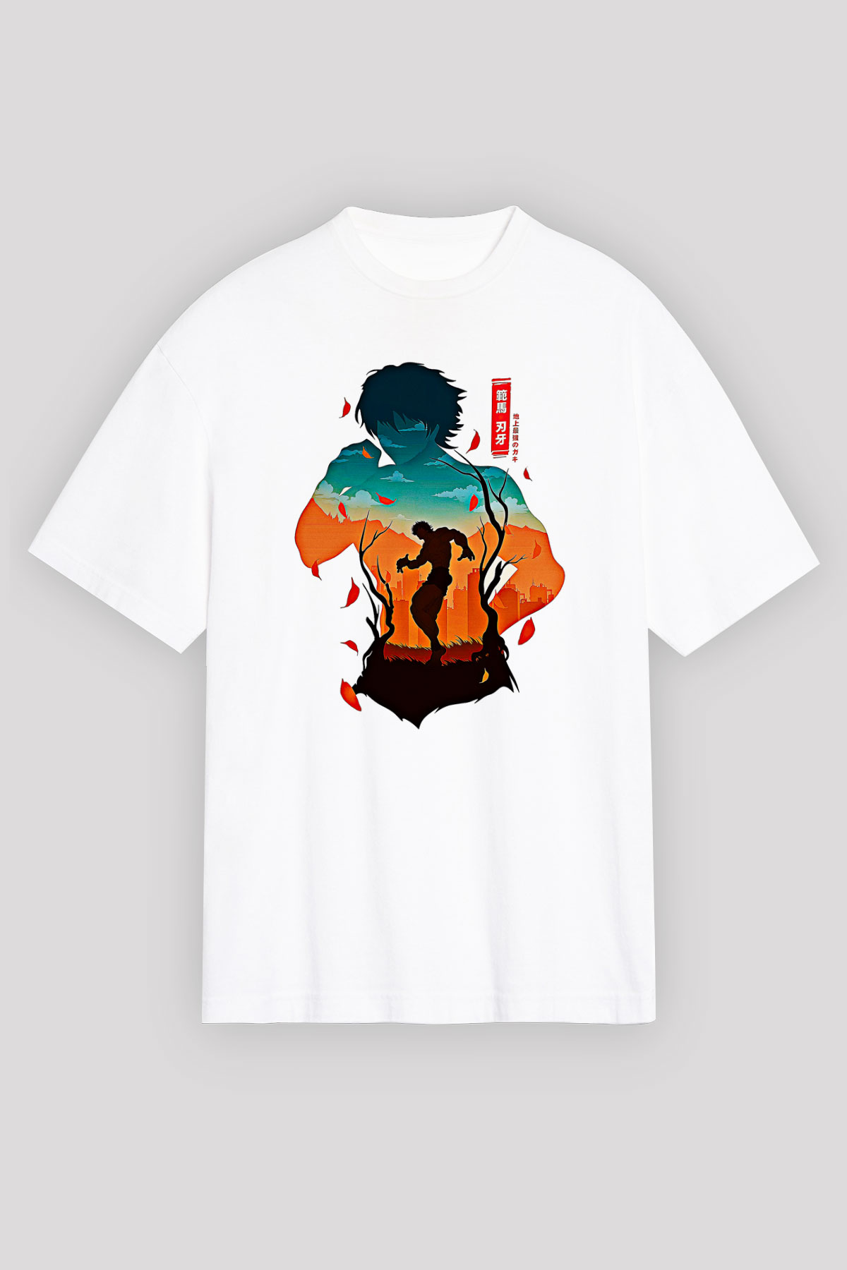 Baki The Grappler Baskılı Beyaz Unisex Oversize Tişört - Tshirt
