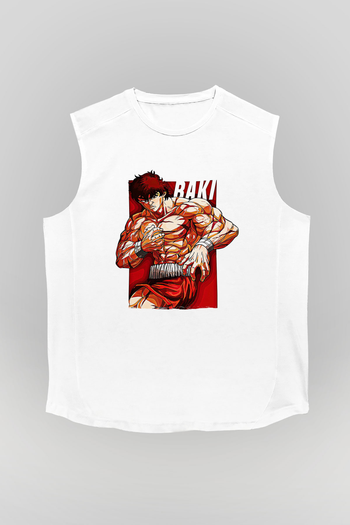 Baki The Grappler Baskılı Beyaz Unisex Kolsuz Tişört - Tshirt
