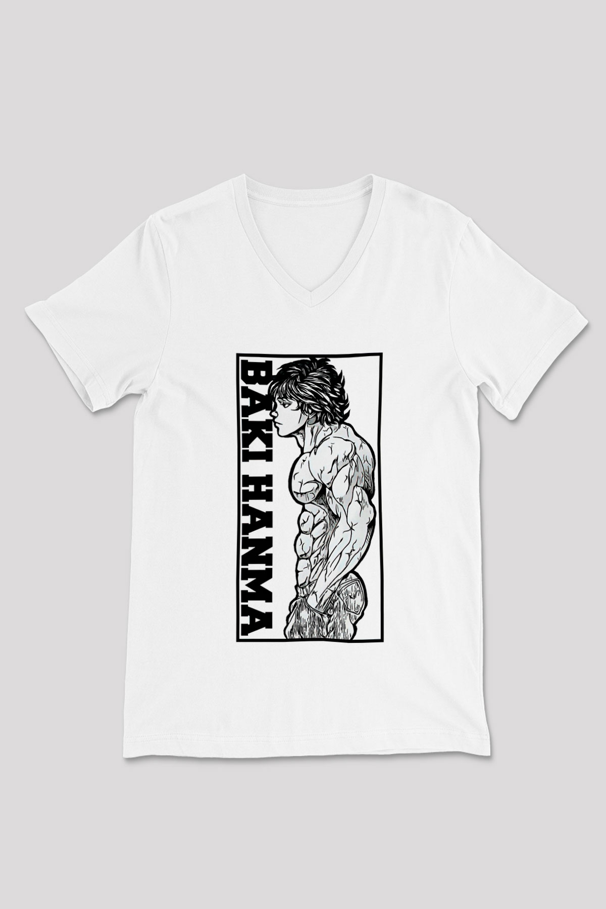 Baki The Grappler Baskılı Beyaz Unisex V Yaka Tişört - Tshirt