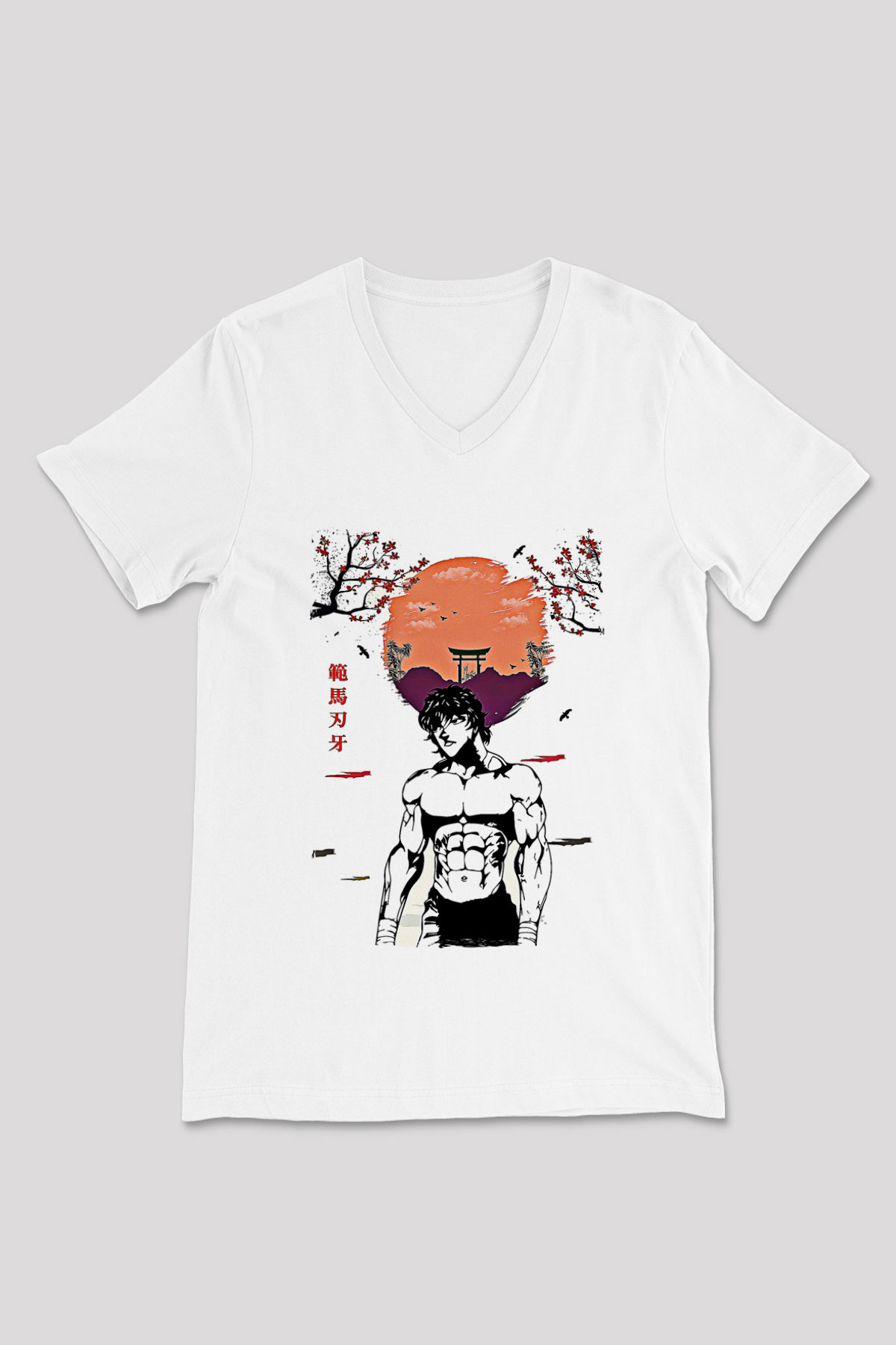 Baki The Grappler Baskılı Beyaz Unisex V Yaka Tişört - Tshirt