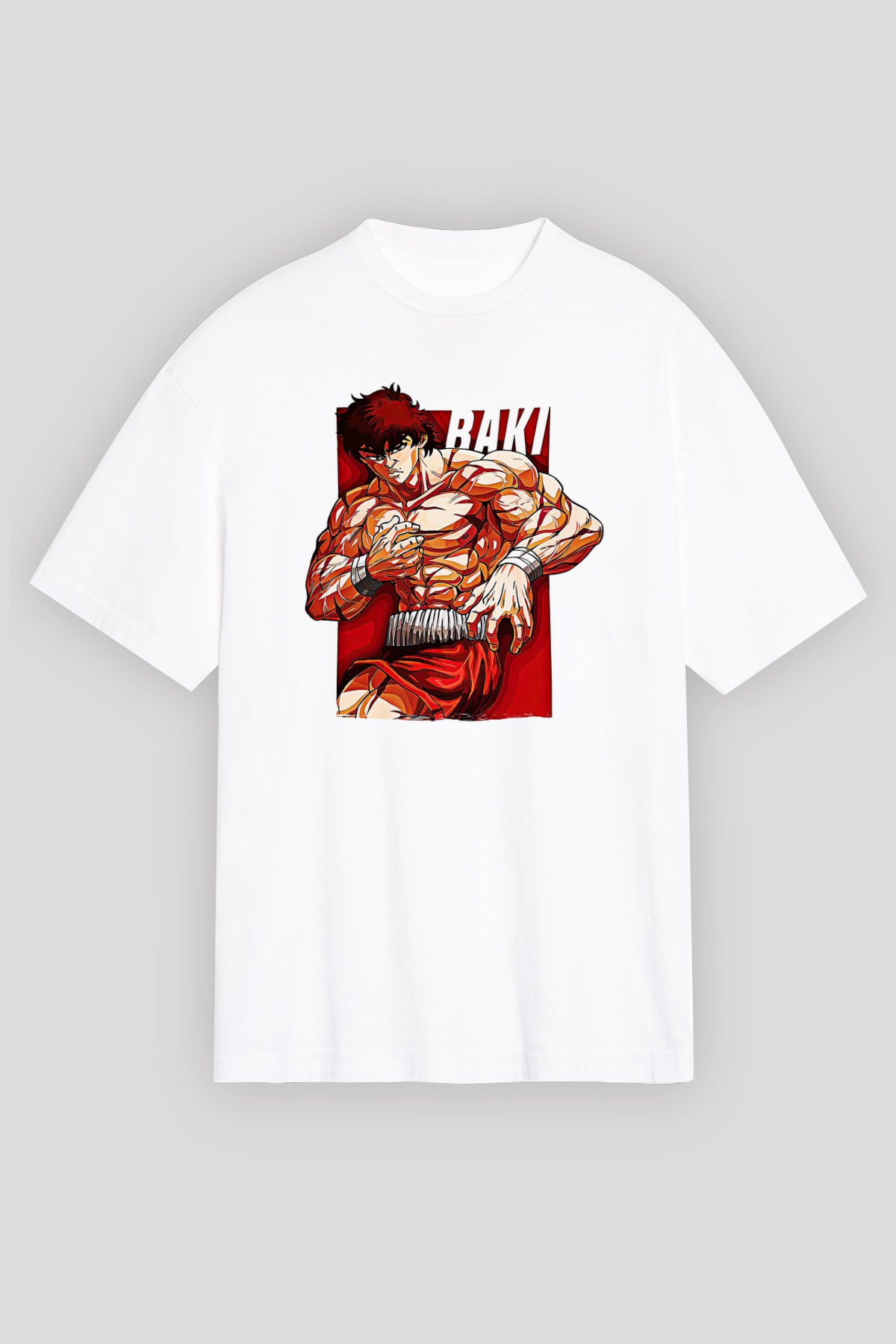 Baki The Grappler Baskılı Beyaz Unisex Oversize Tişört - Tshirt