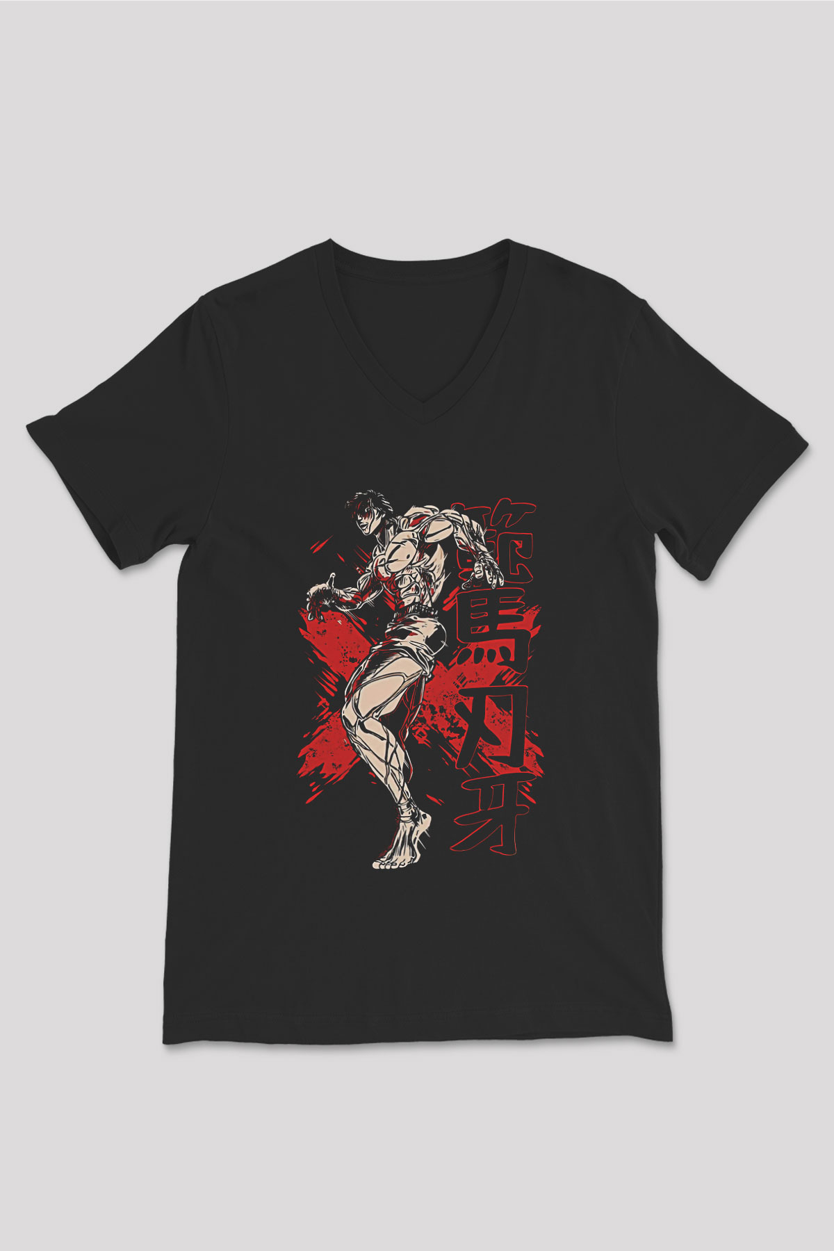 Baki The Grappler Baskılı Unisex Siyah V Yaka Tişört - Tshirt