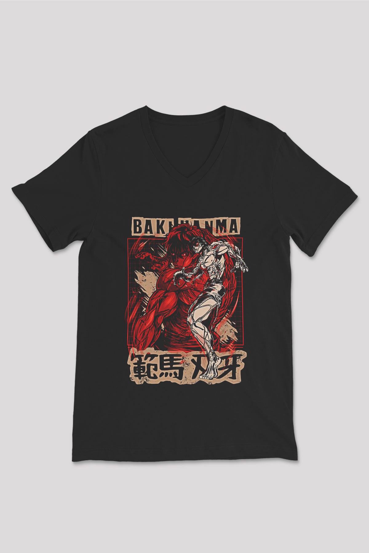 Baki The Grappler Baskılı Unisex Siyah V Yaka Tişört - Tshirt