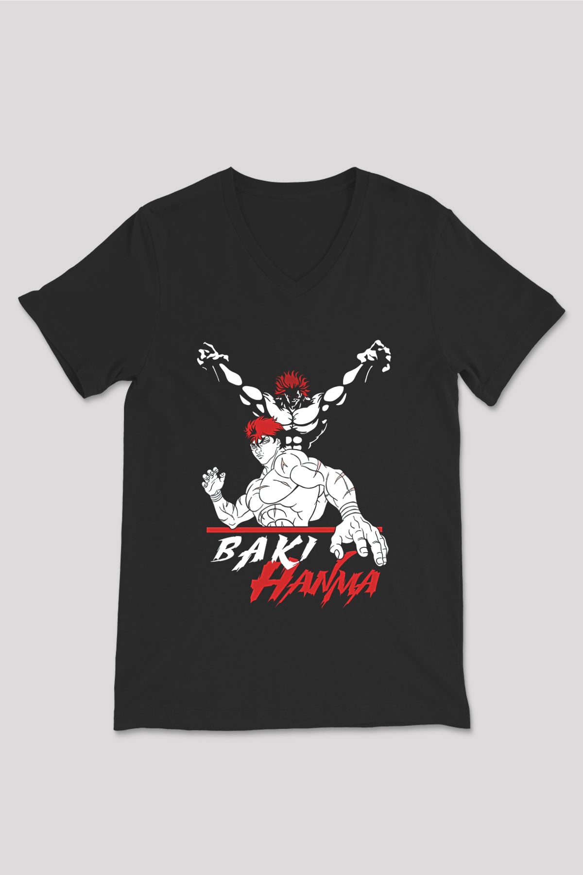 Baki The Grappler Baskılı Unisex Siyah V Yaka Tişört - Tshirt