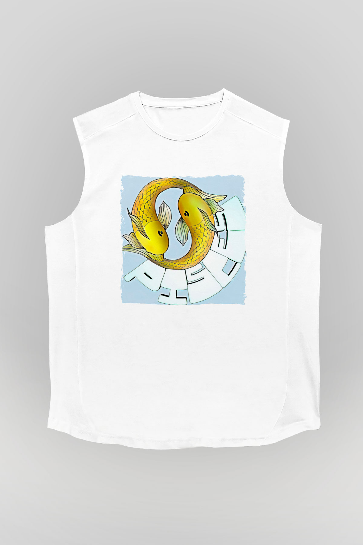 Balık Burcu Baskılı Beyaz Unisex Kolsuz Tişört - Tshirt