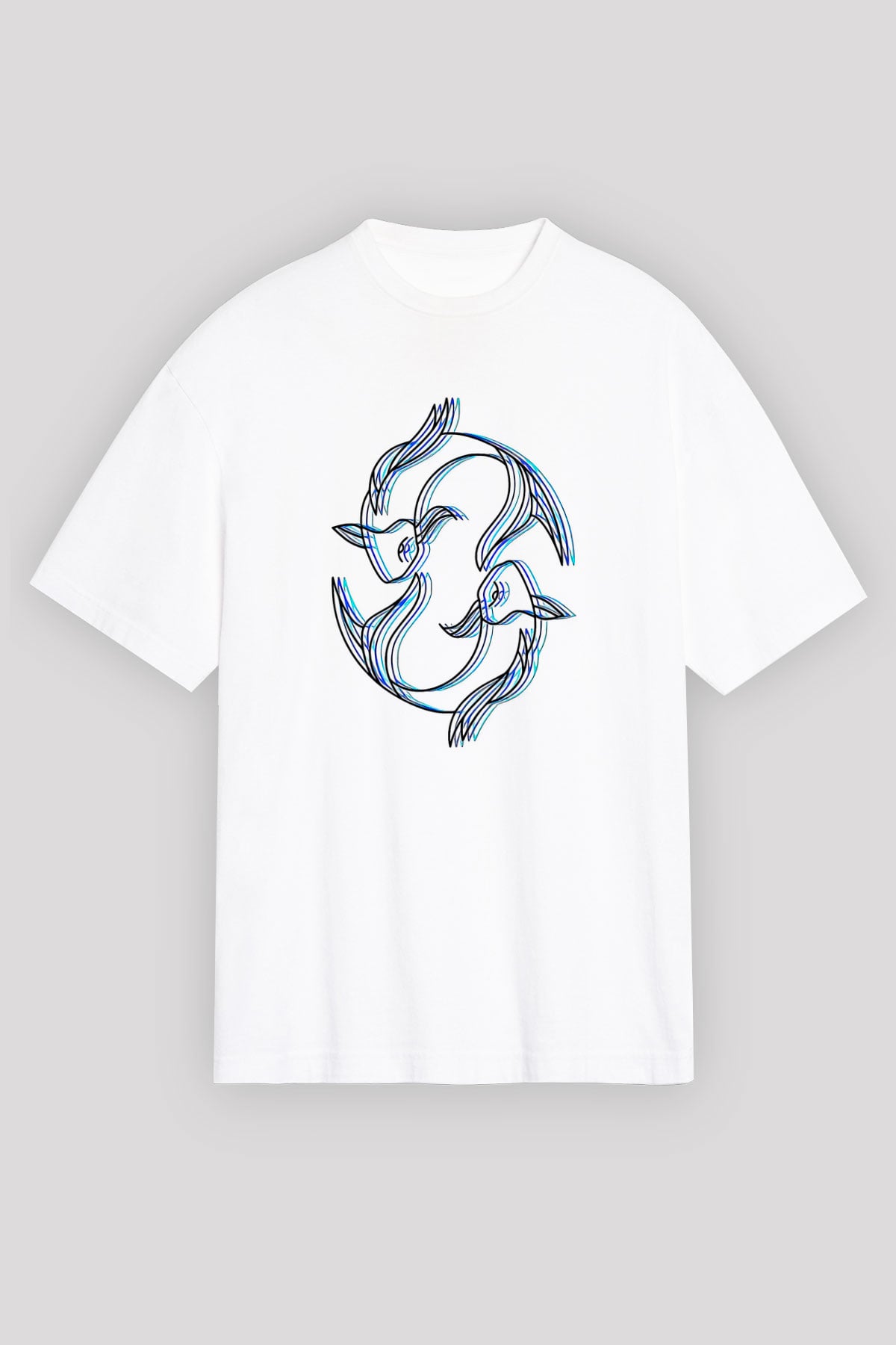 Balık Burcu Baskılı Beyaz Unisex Oversize Tişört - Tshirt