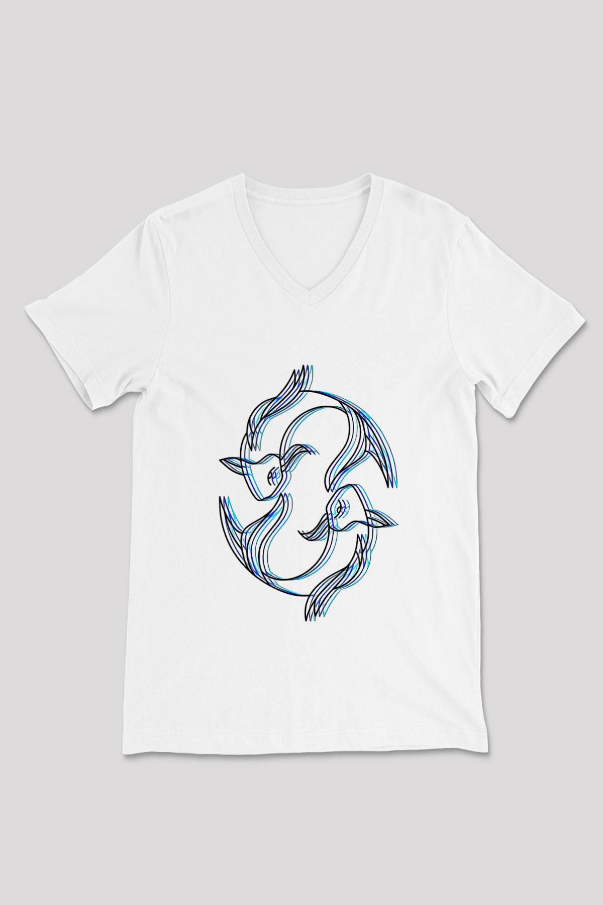 Balık Burcu Baskılı Beyaz Unisex V Yaka Tişört - Tshirt