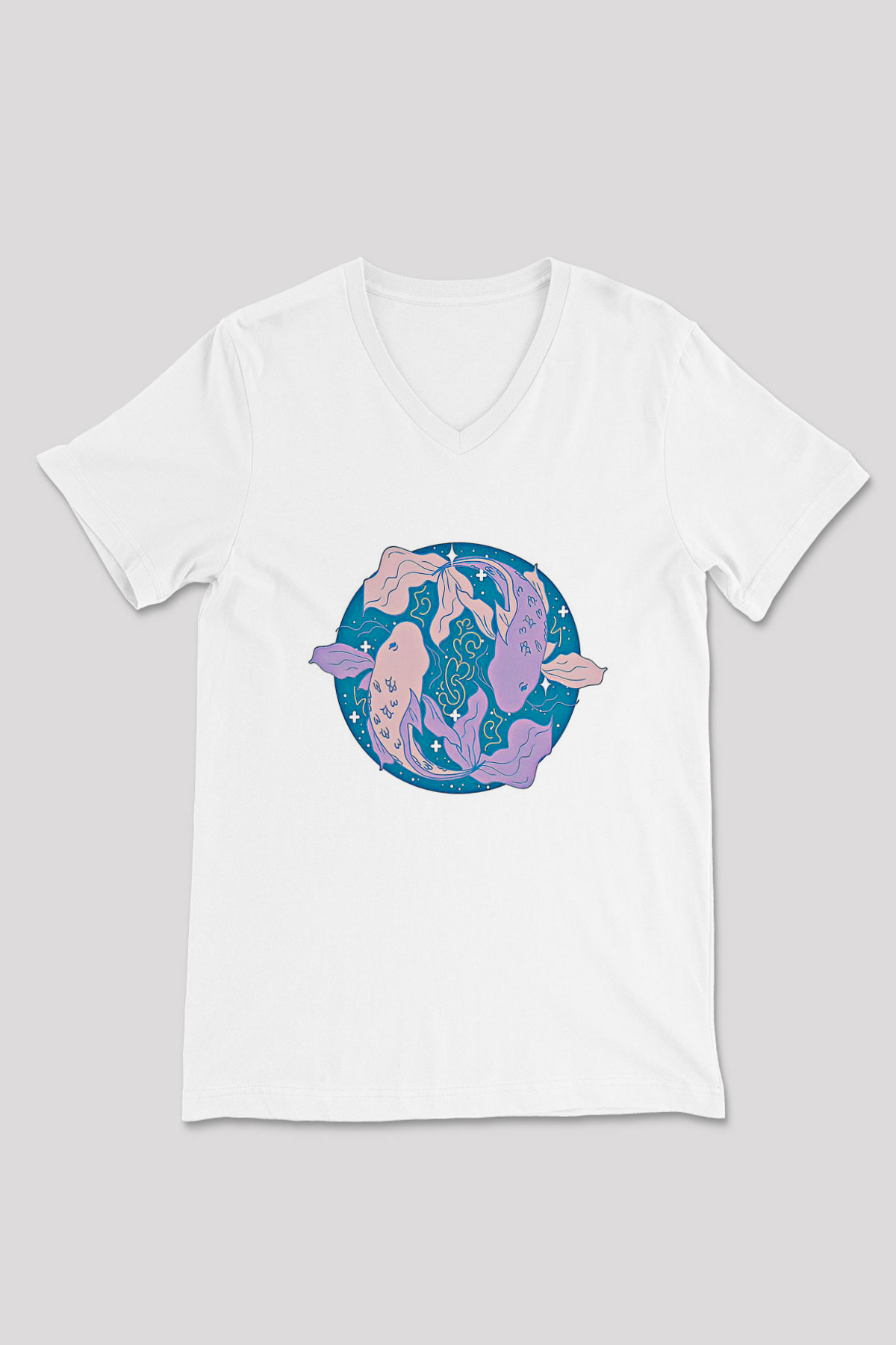 Balık Burcu Baskılı Beyaz Unisex V Yaka Tişört - Tshirt