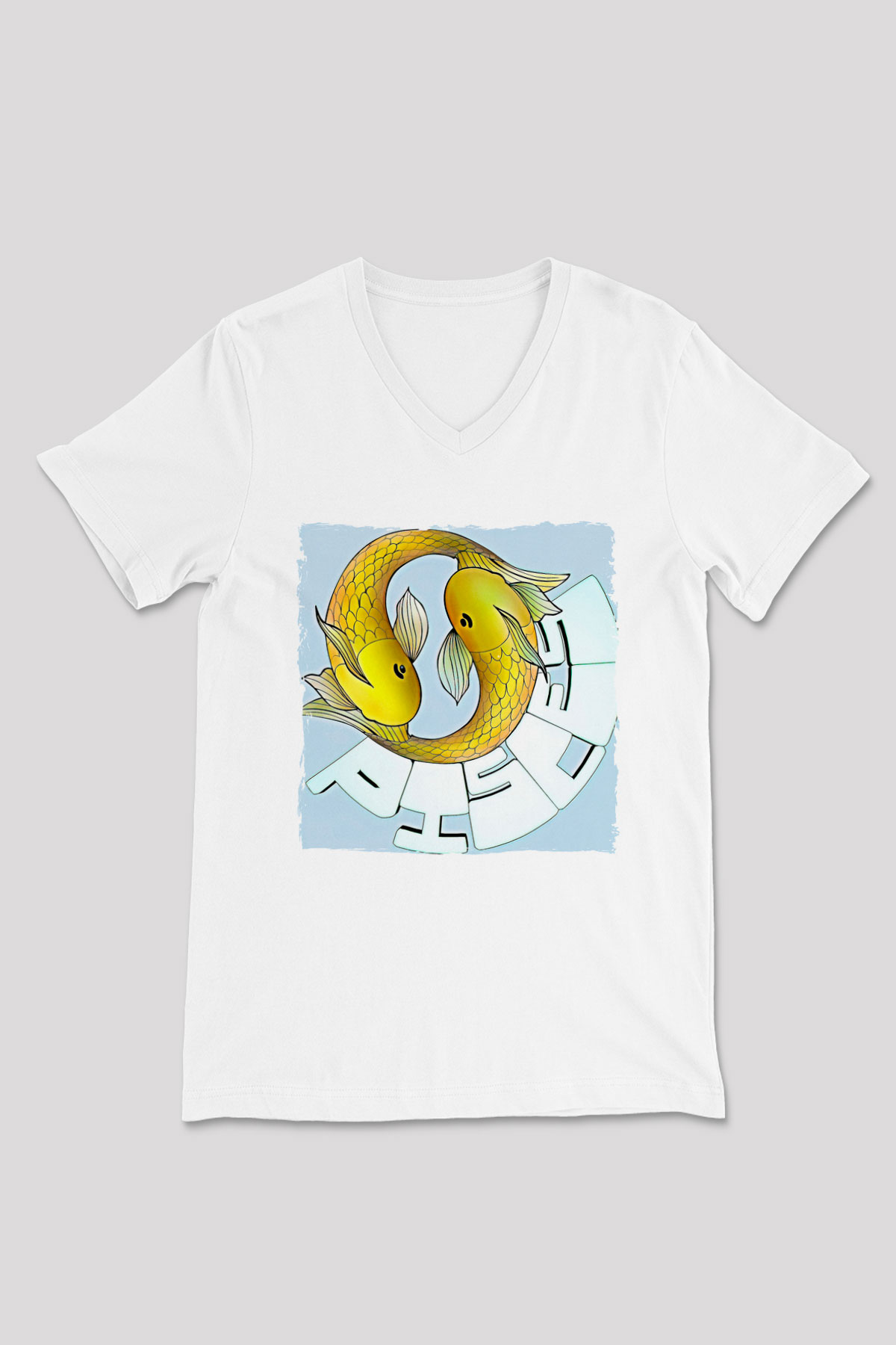 Balık Burcu Baskılı Beyaz Unisex V Yaka Tişört - Tshirt