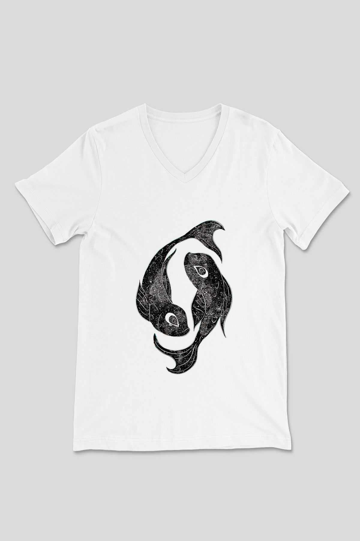 Balık Burcu Baskılı Beyaz Unisex V Yaka Tişört - Tshirt