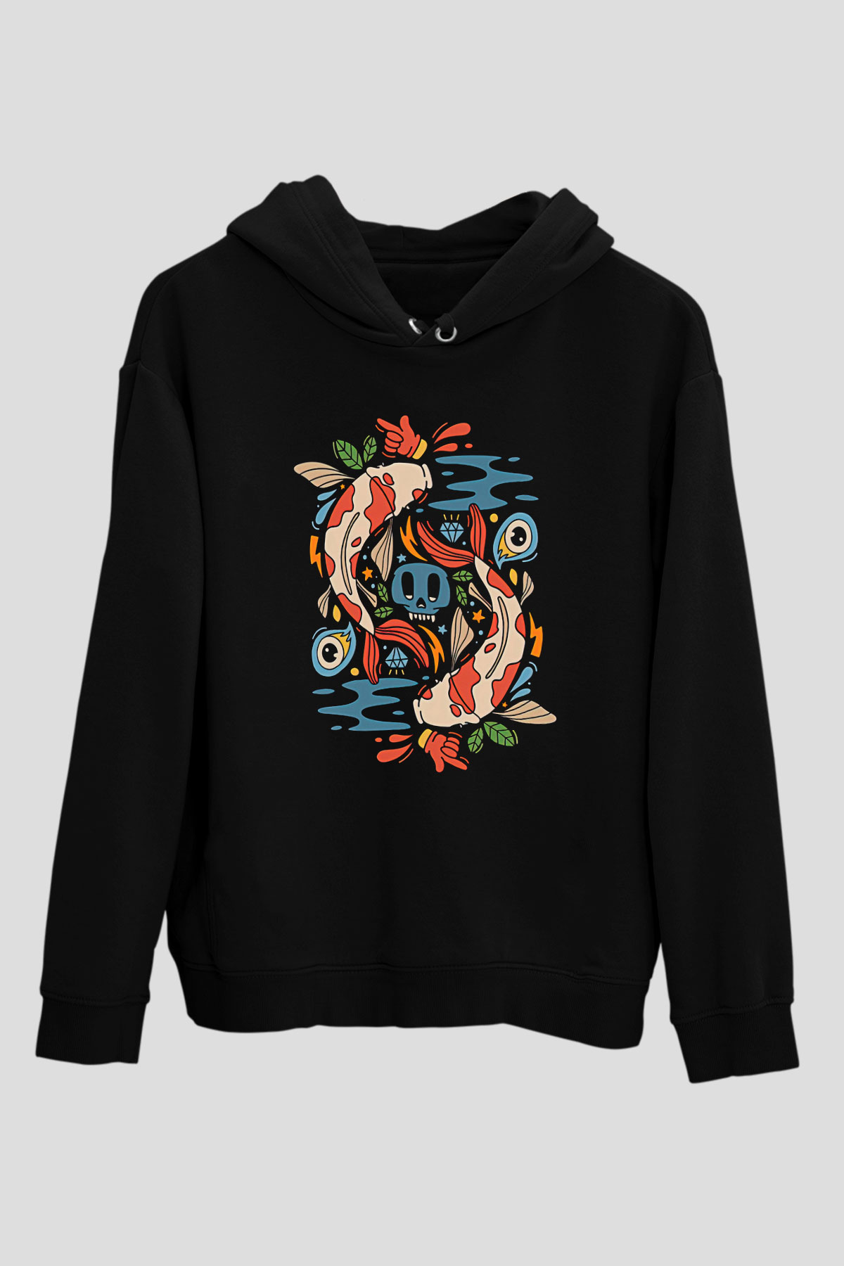 Balık Burcu Baskılı Unisex Siyah Hoodie