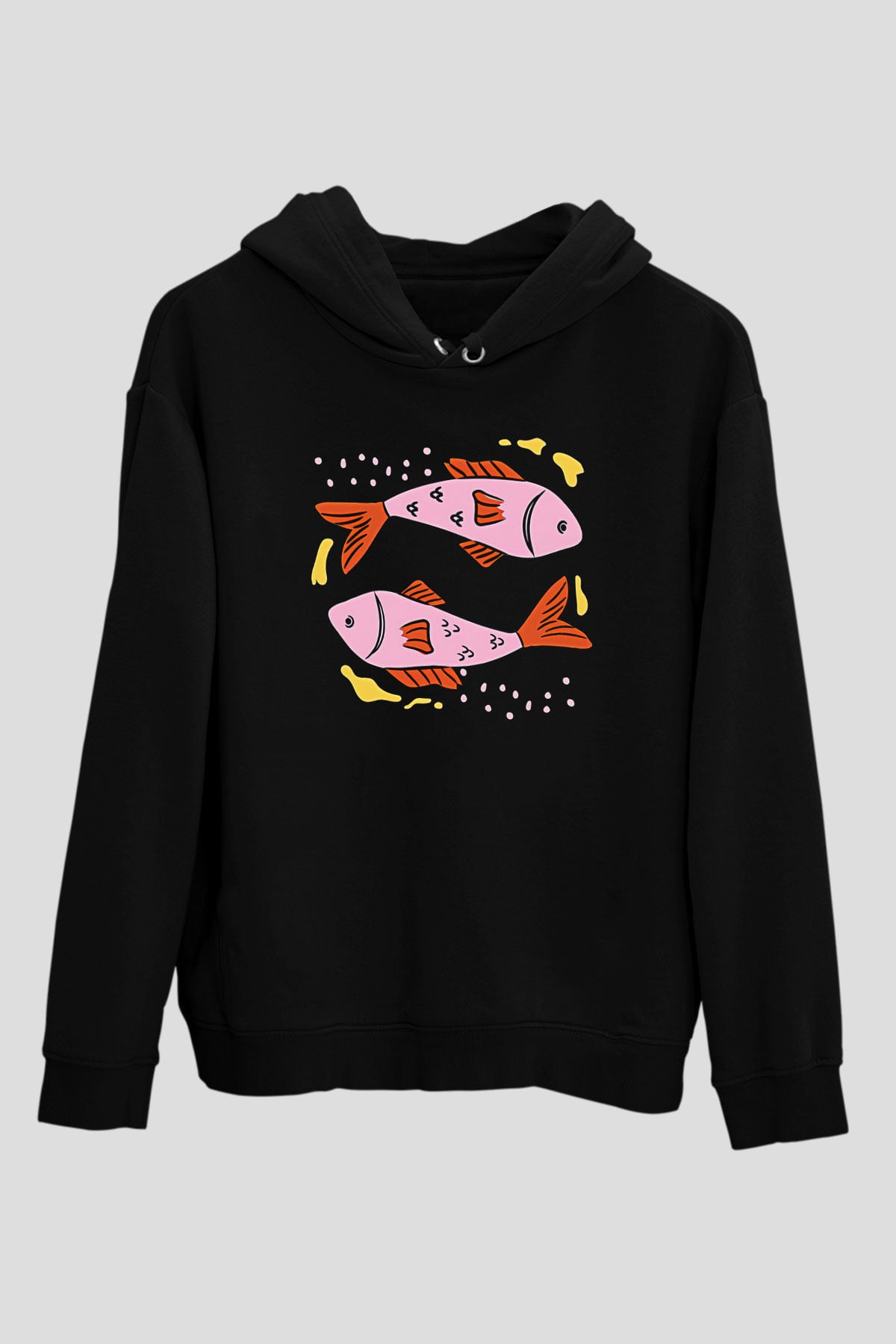 Balık Burcu Baskılı Unisex Siyah Hoodie