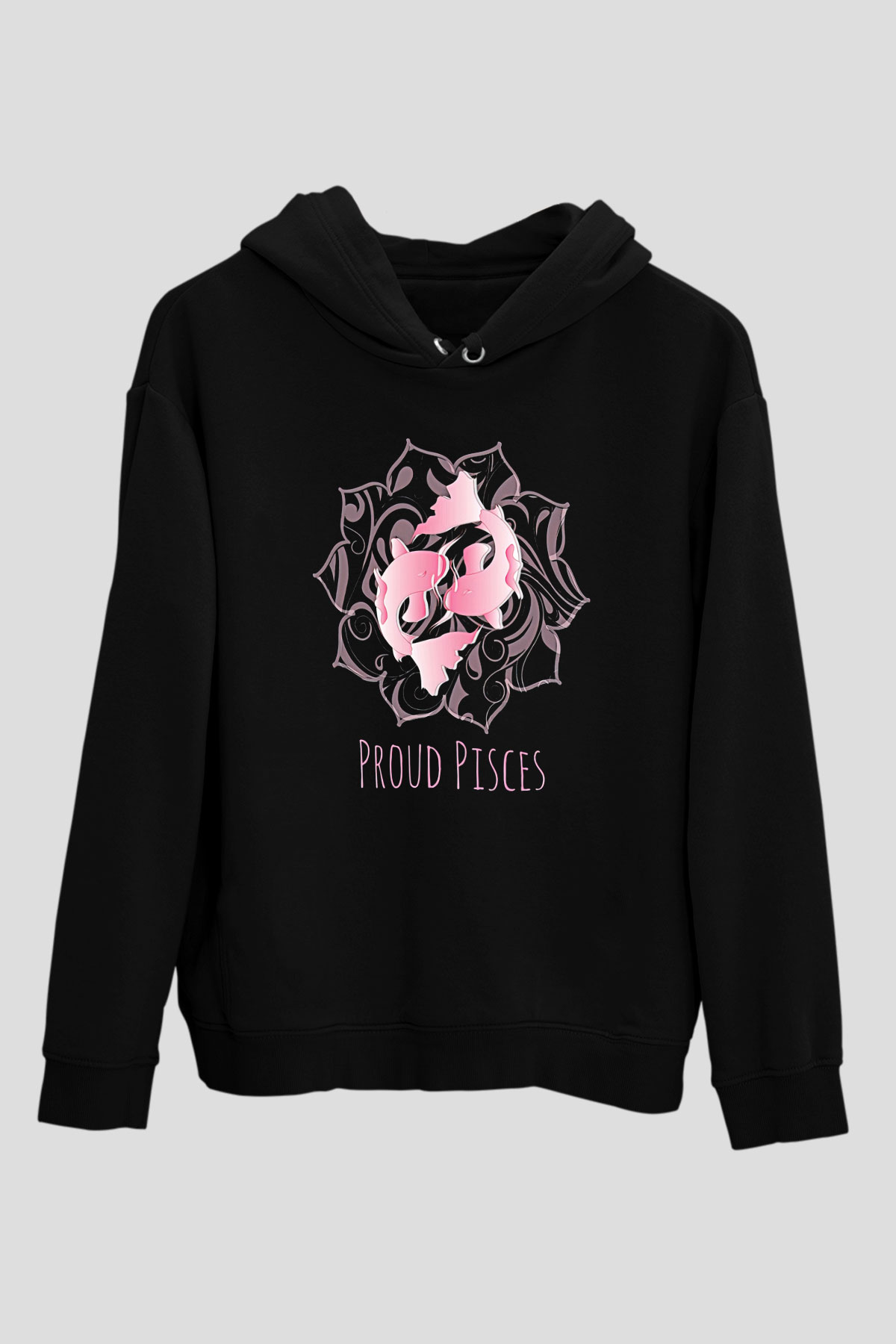 Balık Burcu Baskılı Unisex Siyah Hoodie