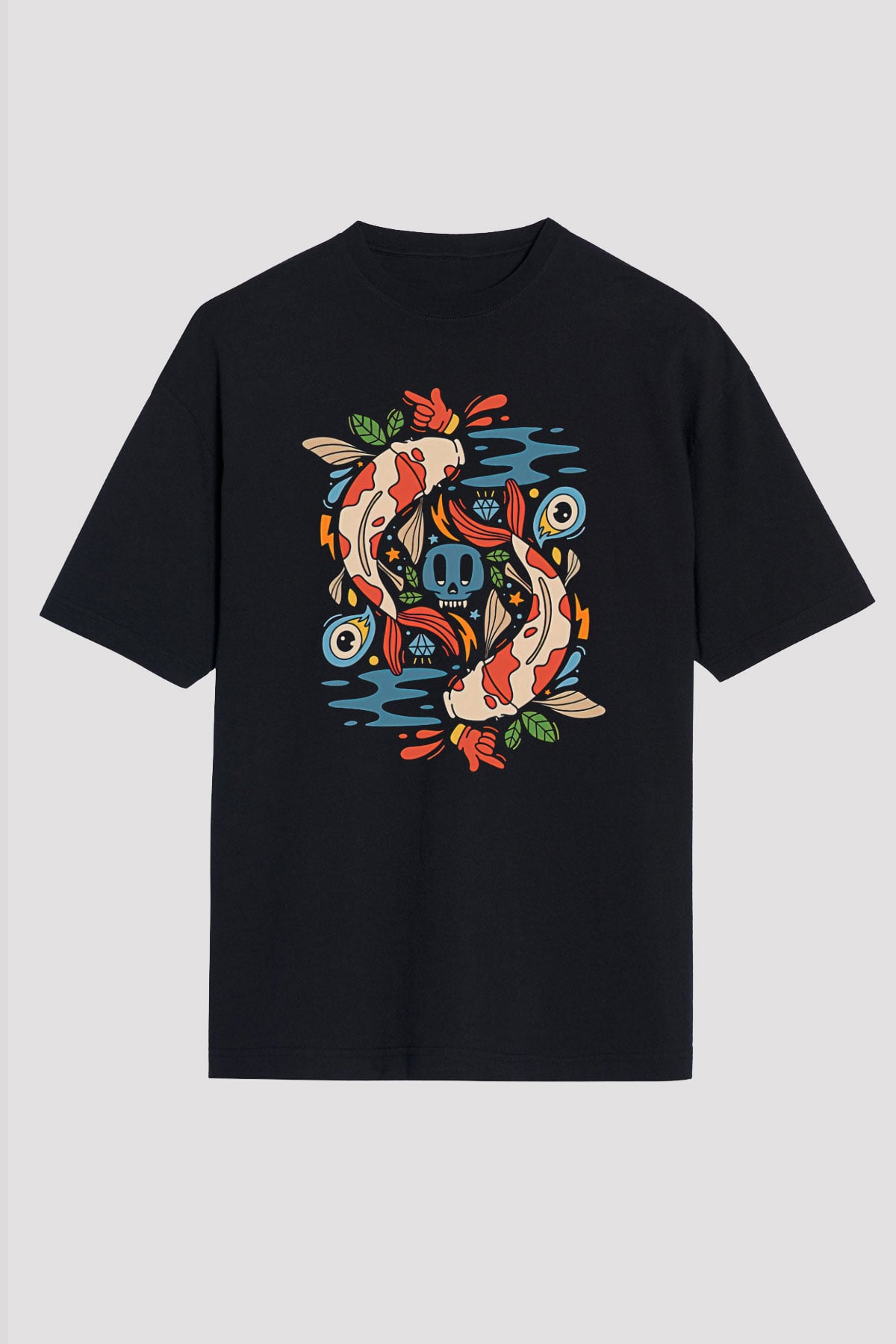 Balık Burcu Baskılı Unisex Siyah Oversize Tişört - Tshirt