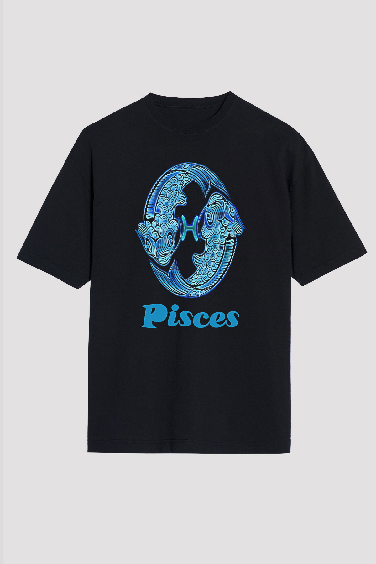 Balık Burcu Baskılı Unisex Siyah Oversize Tişört - Tshirt