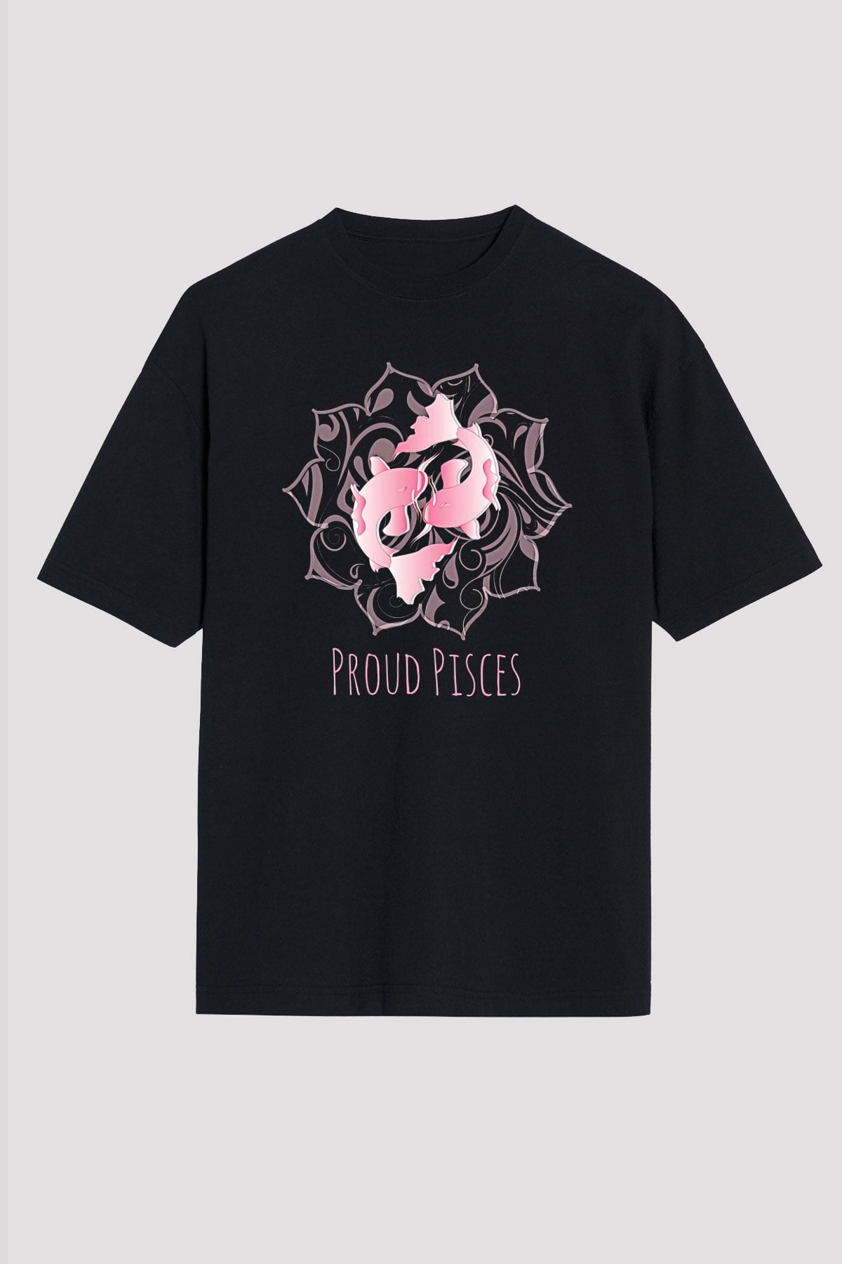 Balık Burcu Baskılı Unisex Siyah Oversize Tişört - Tshirt