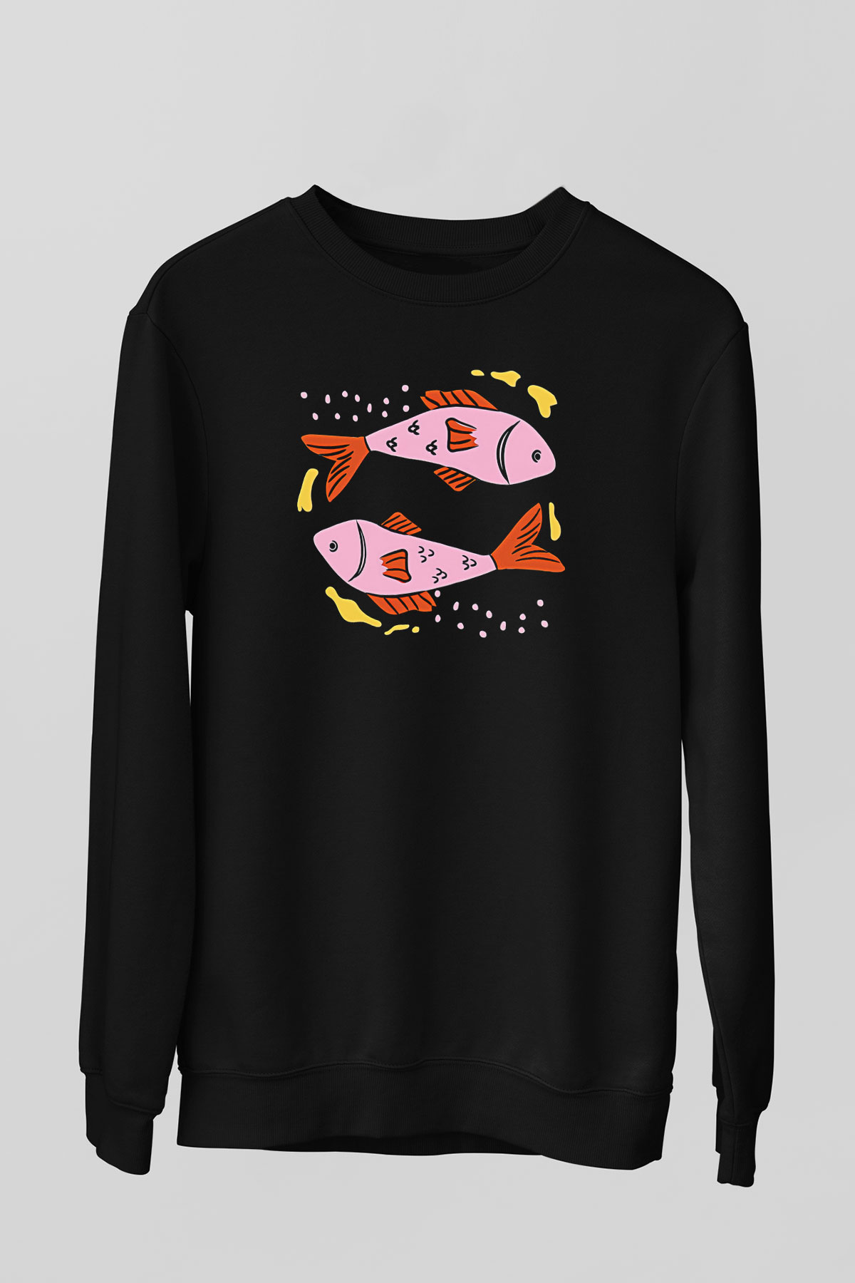 Balık Burcu Baskılı Unisex Siyah Sweatshirt