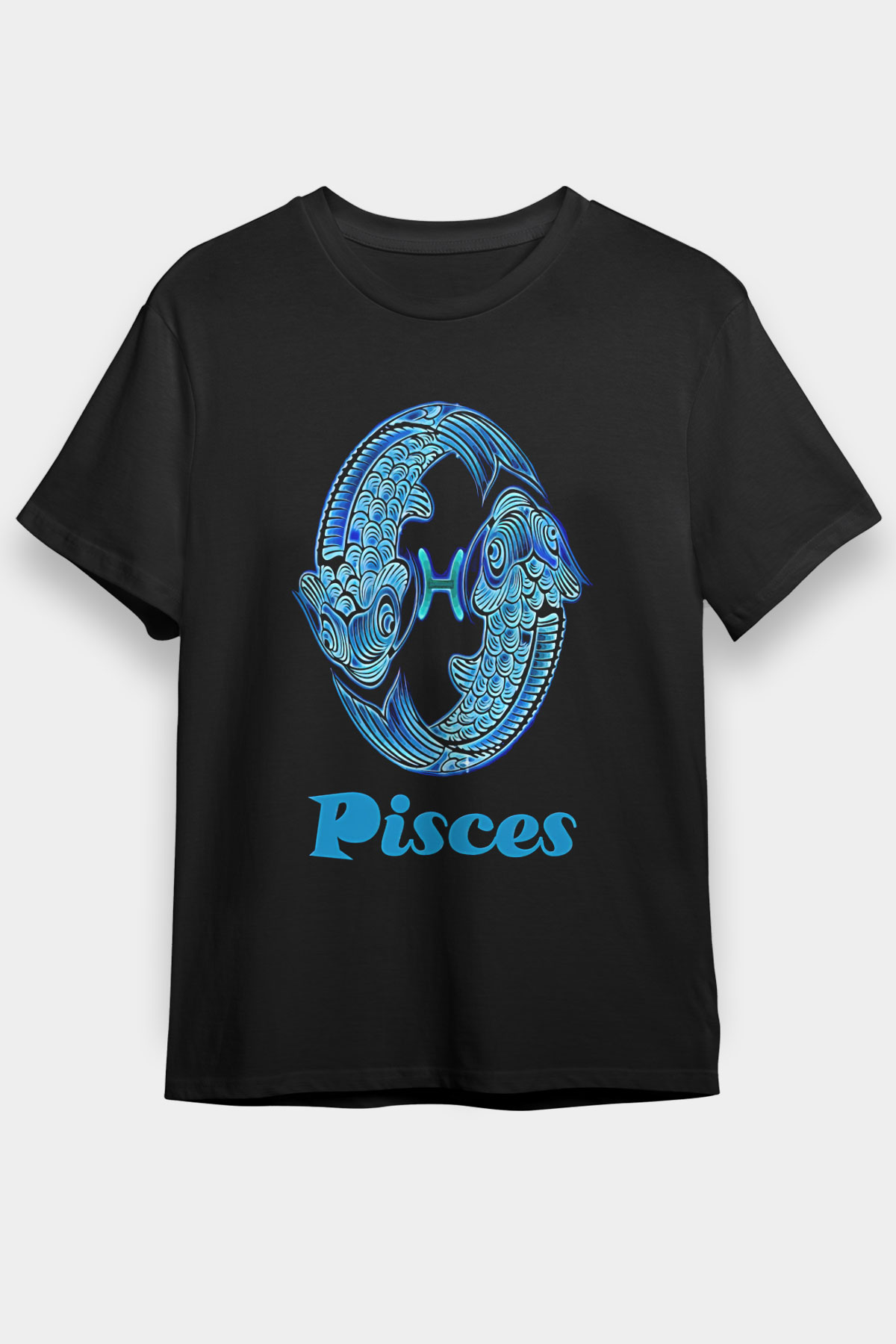 Balık Burcu Baskılı Unisex Siyah Tişört - Tshirt