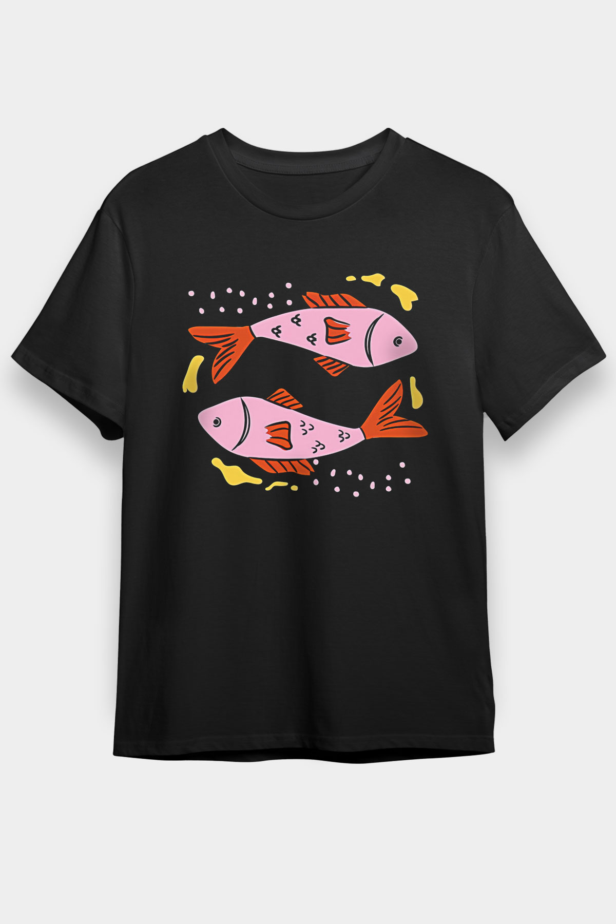 Balık Burcu Baskılı Unisex Siyah Tişört - Tshirt