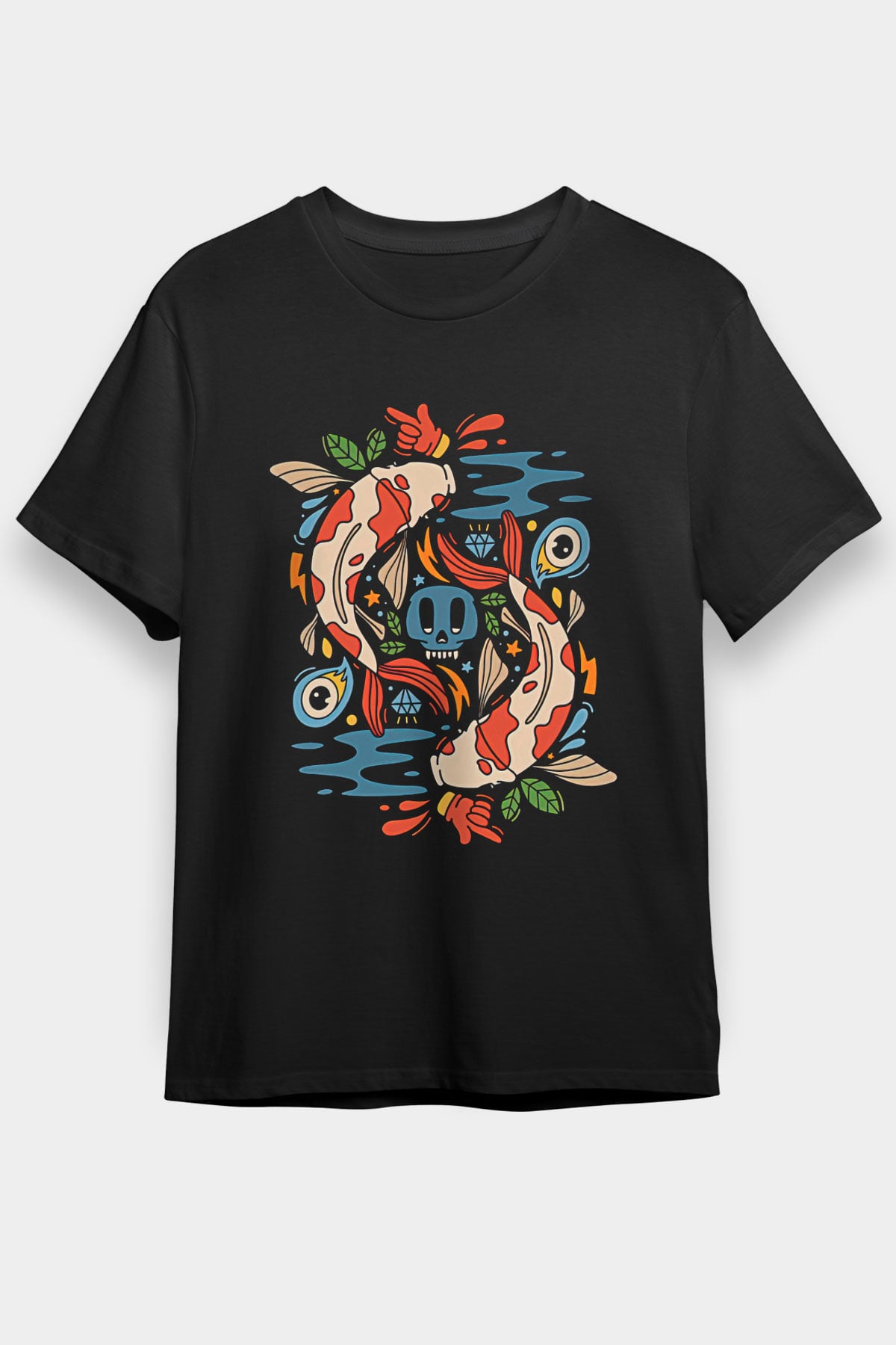 Balık Burcu Baskılı Unisex Siyah Tişört - Tshirt