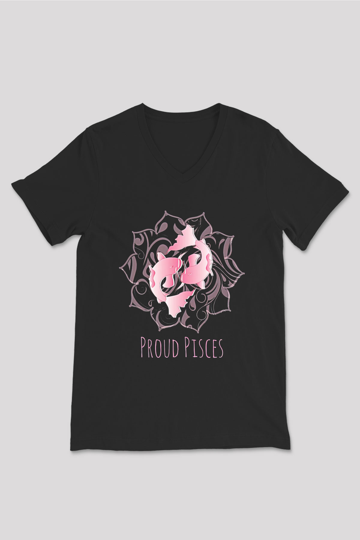 Balık Burcu Baskılı Unisex Siyah V Yaka Tişört - Tshirt