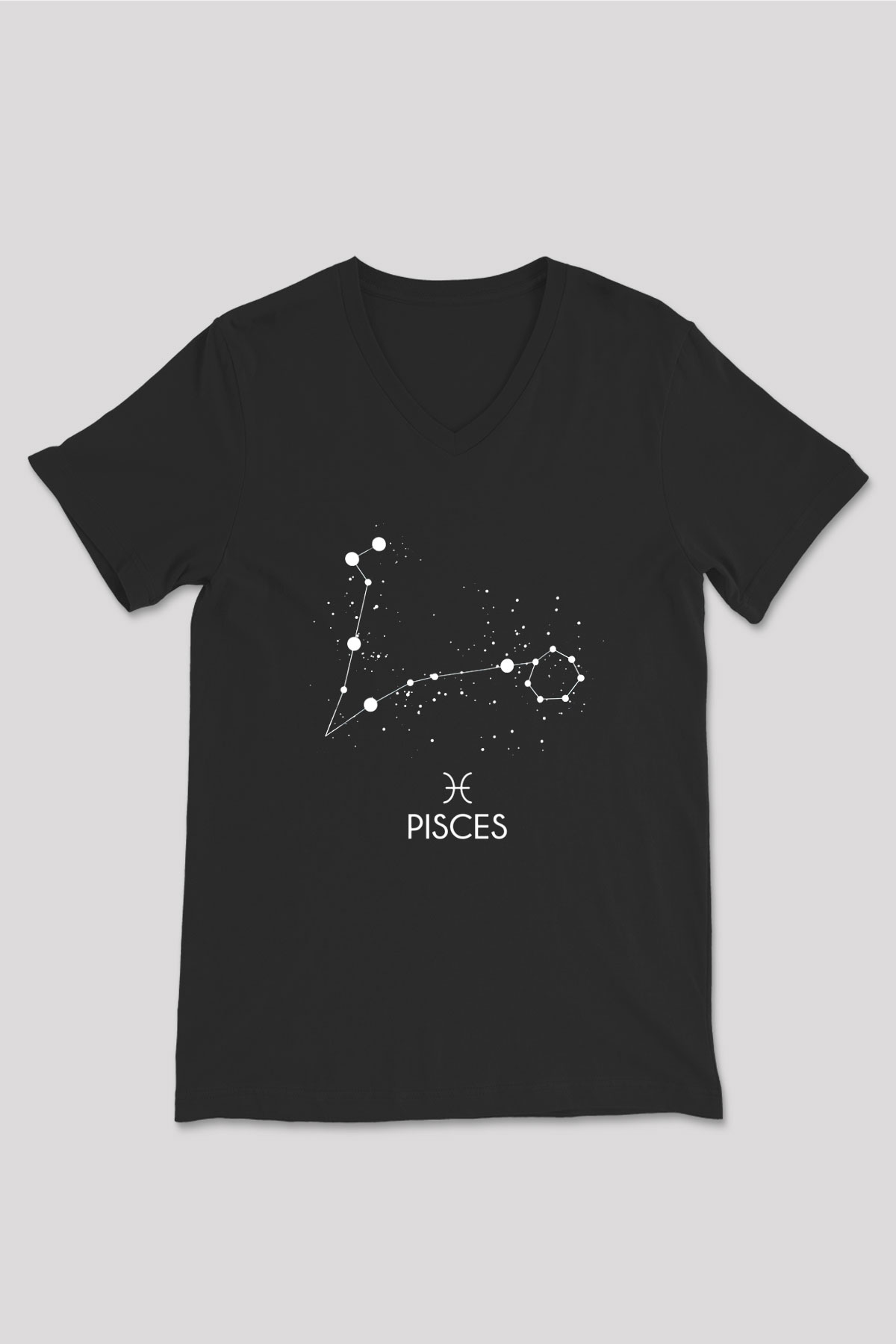 Balık Burcu Baskılı Unisex Siyah V Yaka Tişört - Tshirt
